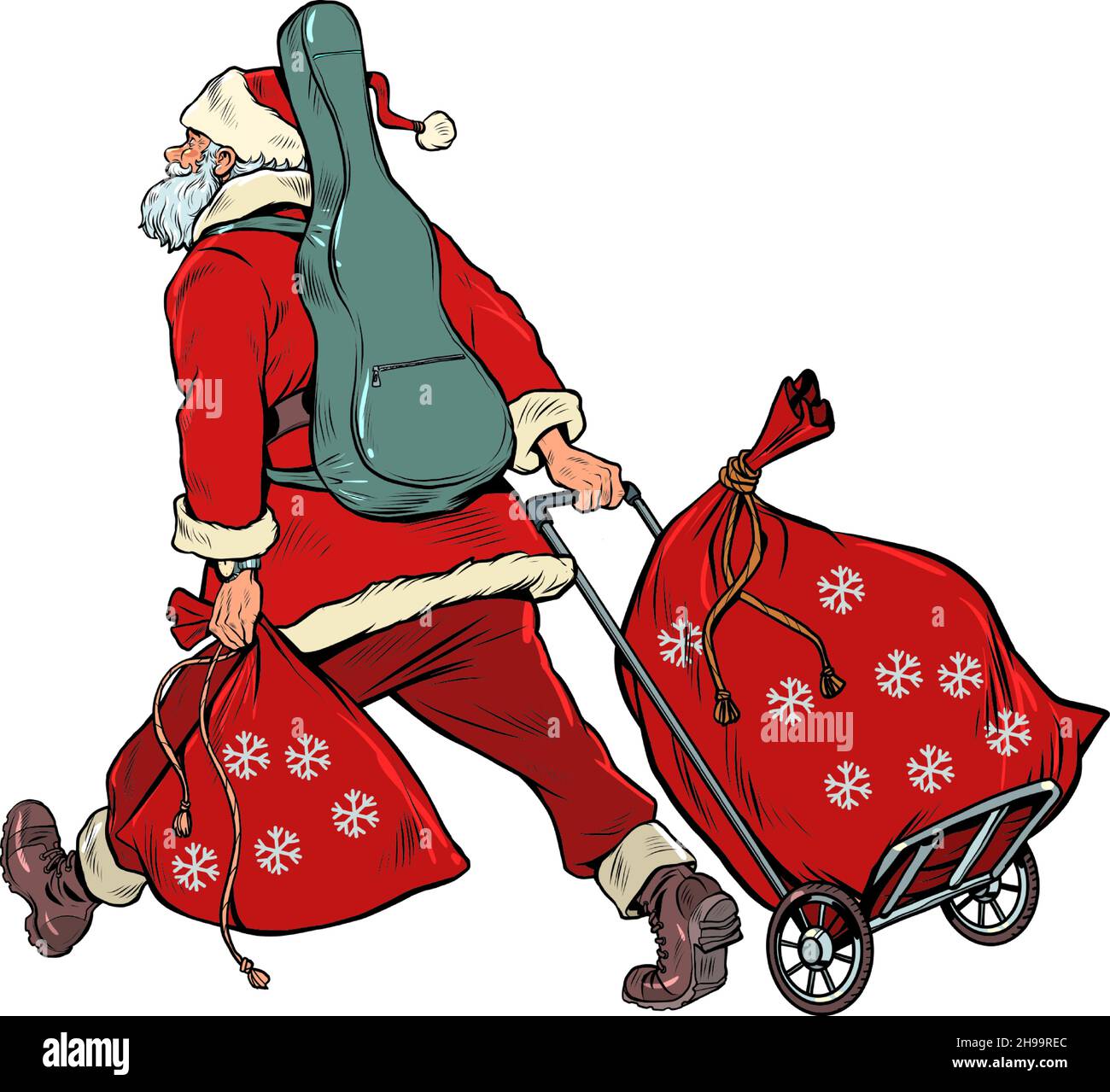 Babbo Natale è un musicista con una chitarra in tour. Natale e Capodanno, inverno stagionale vacanza nel mese di dicembre Illustrazione Vettoriale