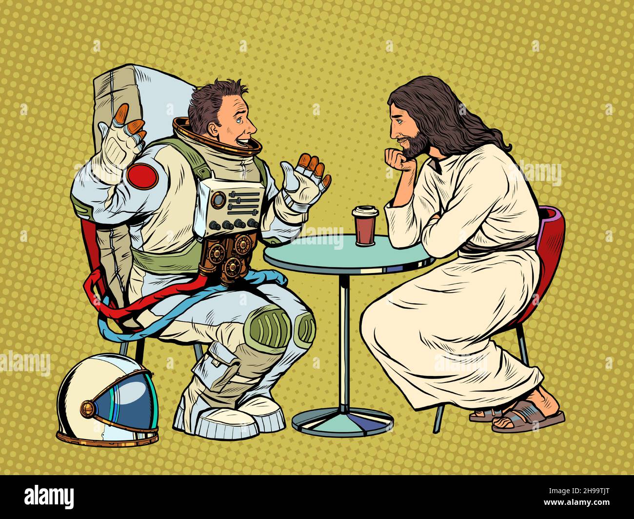 Gesù Cristo sta parlando con un astronauta maschile. Cristianesimo e religione, predicazione Illustrazione Vettoriale