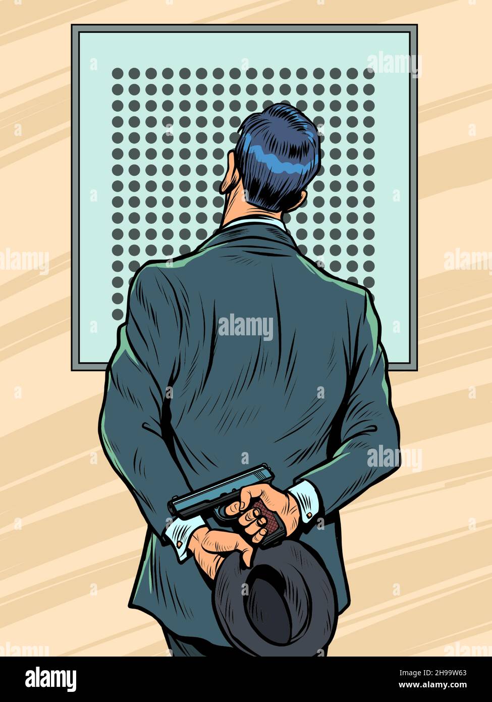 un uomo in un vestito in una galleria di tiro con una pistola, esamina il bersaglio, il risultato di tiro Illustrazione Vettoriale