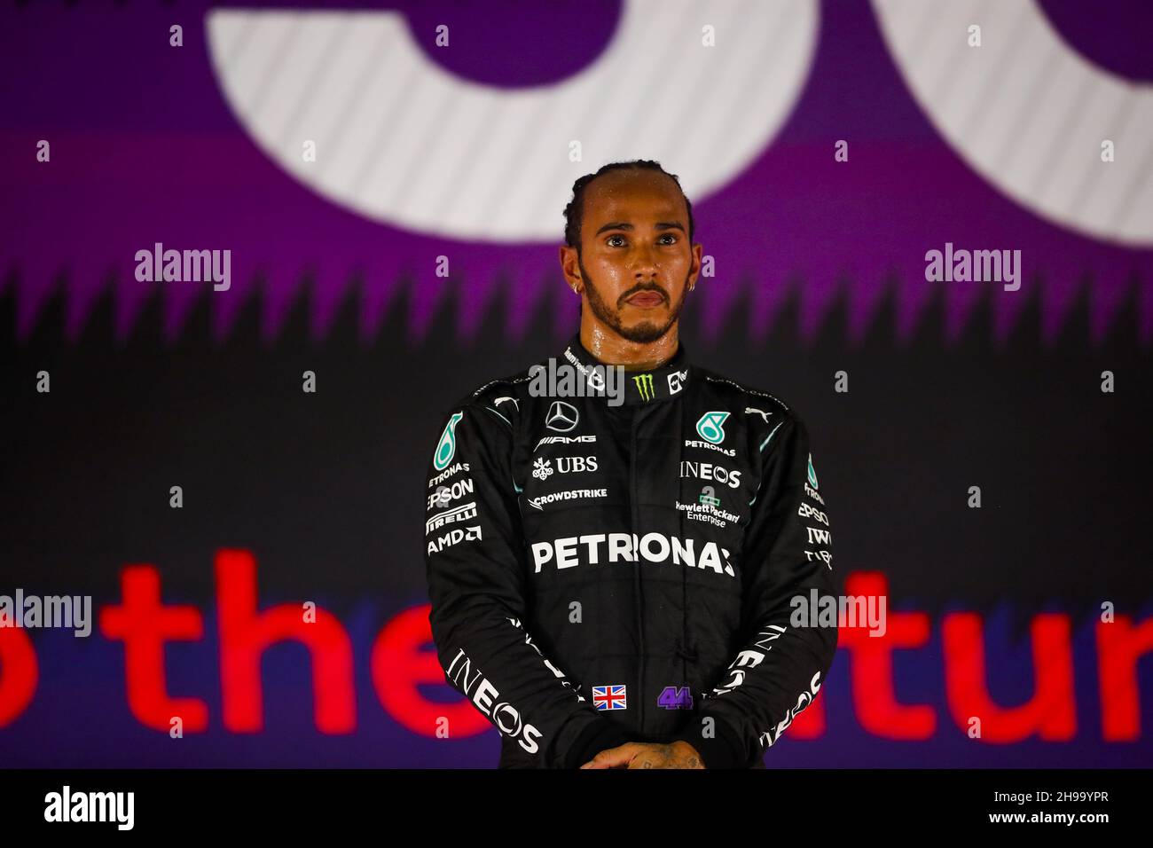 HAMILTON Lewis (gbr), Mercedes AMG F1 GP W12 e Performance, ritratto durante la Formula 1 stc Saudi Arabian Grand Prix 2021, 21esimo round del Campionato del mondo di Formula uno FIA 2021 dal 3 al 5 dicembre 2021 sul circuito di Jeddah Corniche, a Jeddah, Arabia Saudita - Foto: Florent Gooden/DPPI/LiveMedia Foto Stock