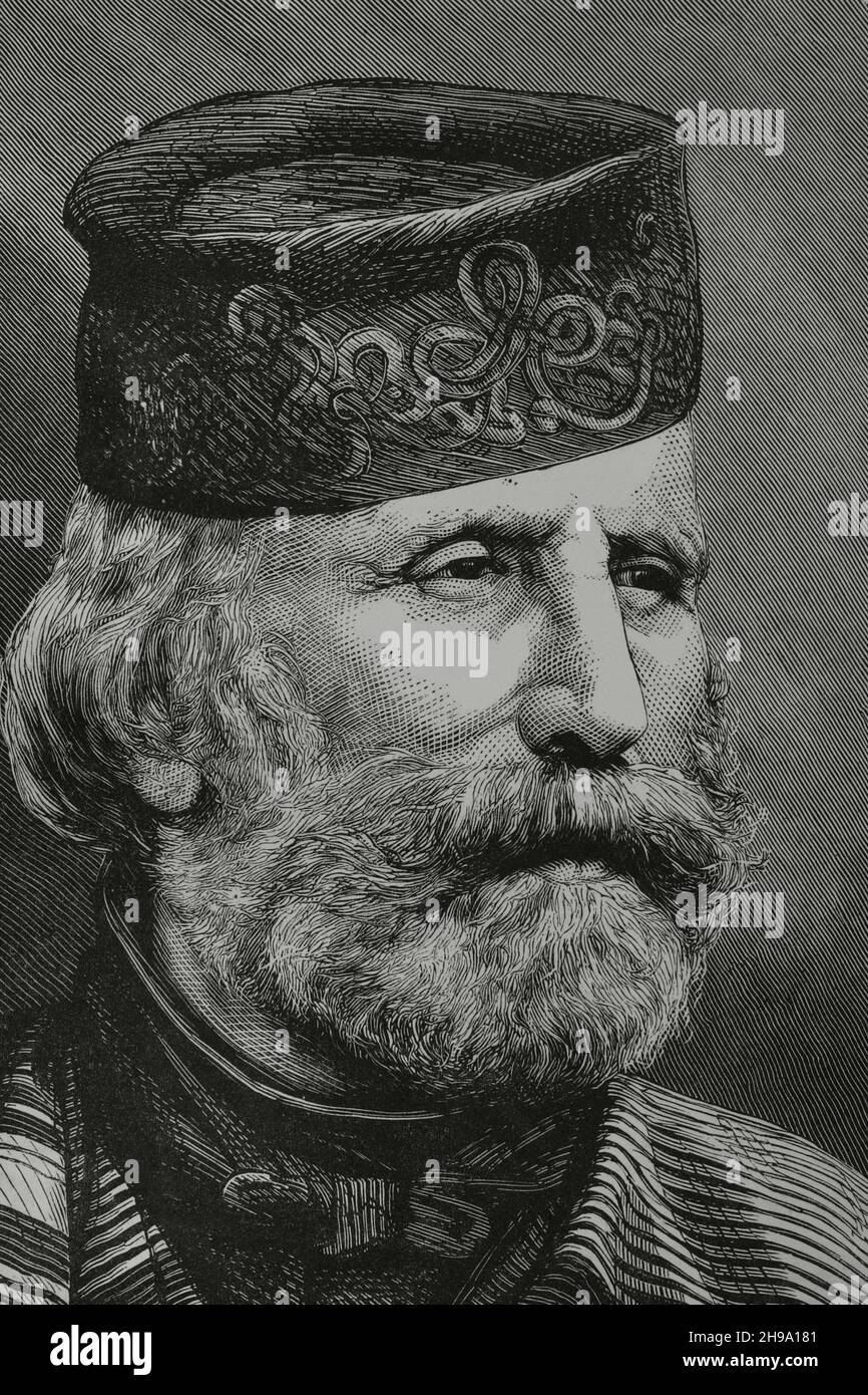 Giuseppe Garibaldi (1807-1882). Leader politico e militare italiano. Verticale. Incisione, 1882. Foto Stock