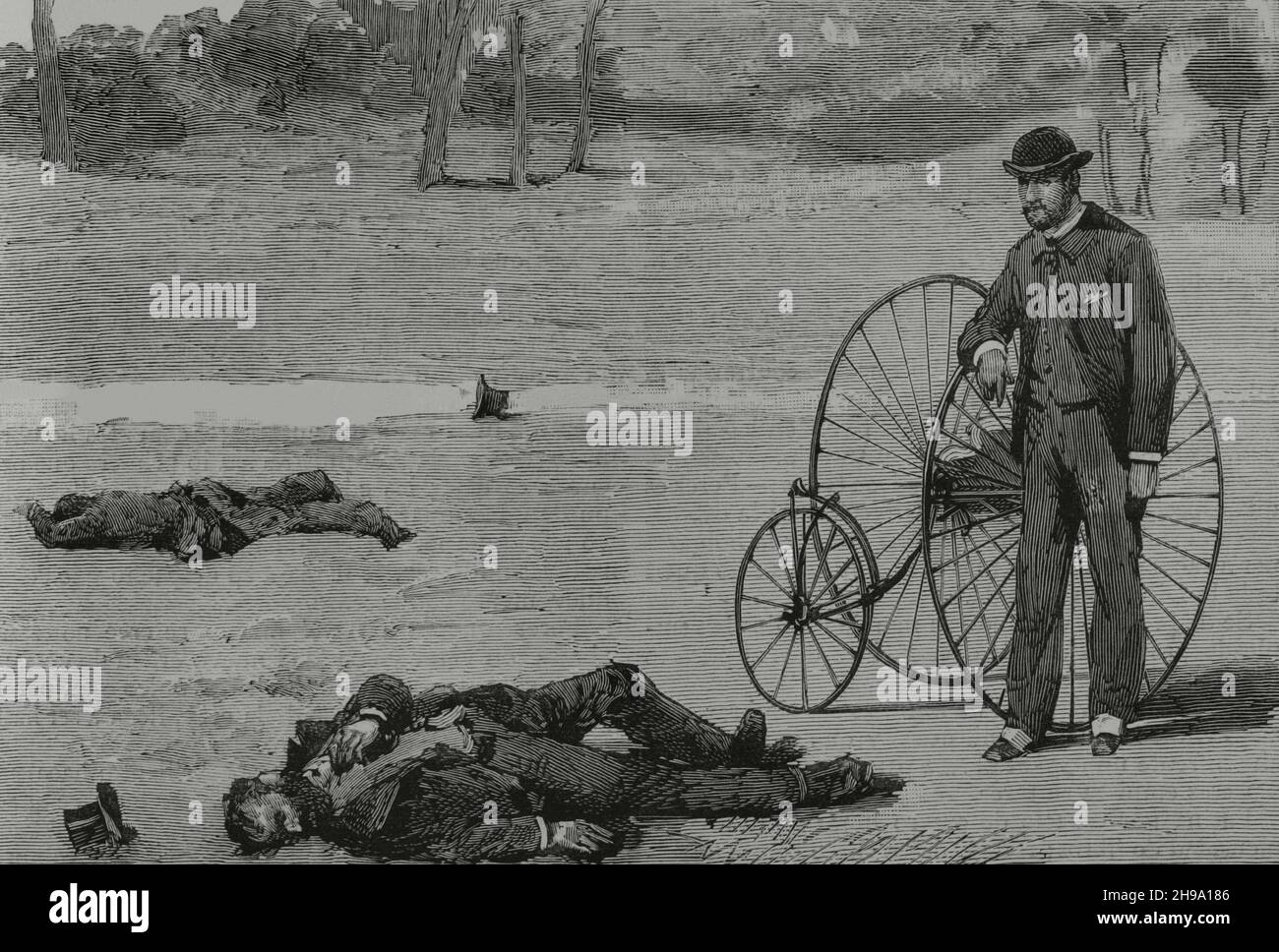 Irlanda, Dublino. Phoenix Park omicidi. Assassinio di Lord Frederick Cavendish (Segretario Generale per l'Irlanda) e Thomas Henry Burke (Sottosegretario permanente d'Irlanda), il 6 maggio 1882. Scoperta dei loro cadaveri. Sono stati pugnalati dai membri del gruppo ribelle "Invincenti nazionali irlandesi”. Incisione. La Ilustración Española y americana, 1882. Foto Stock