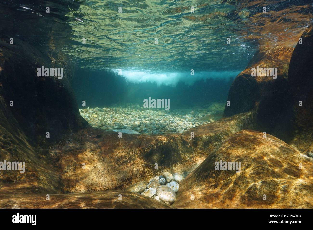Ruscello subacqueo con acqua limpida e fondale roccioso, scena naturale, fiume Tambue, Spagna, Galizia Foto Stock