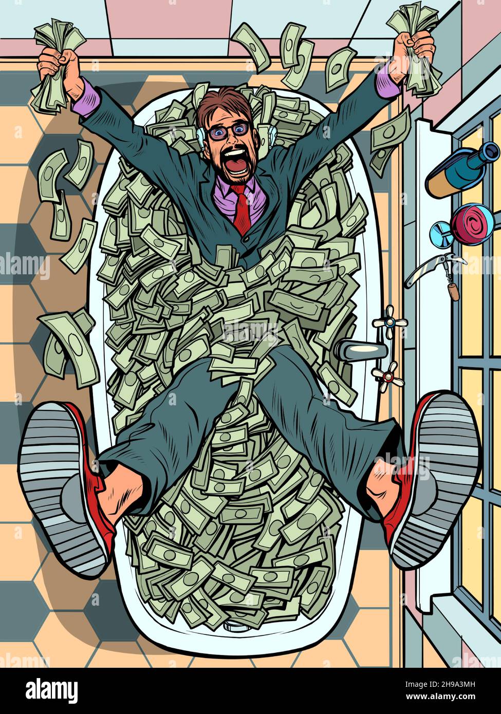 Uomo d'affari in bagno con soldi. Dollari in contanti, ricchezza e vincite della lotteria. Grande profitto Millionaire Illustrazione Vettoriale