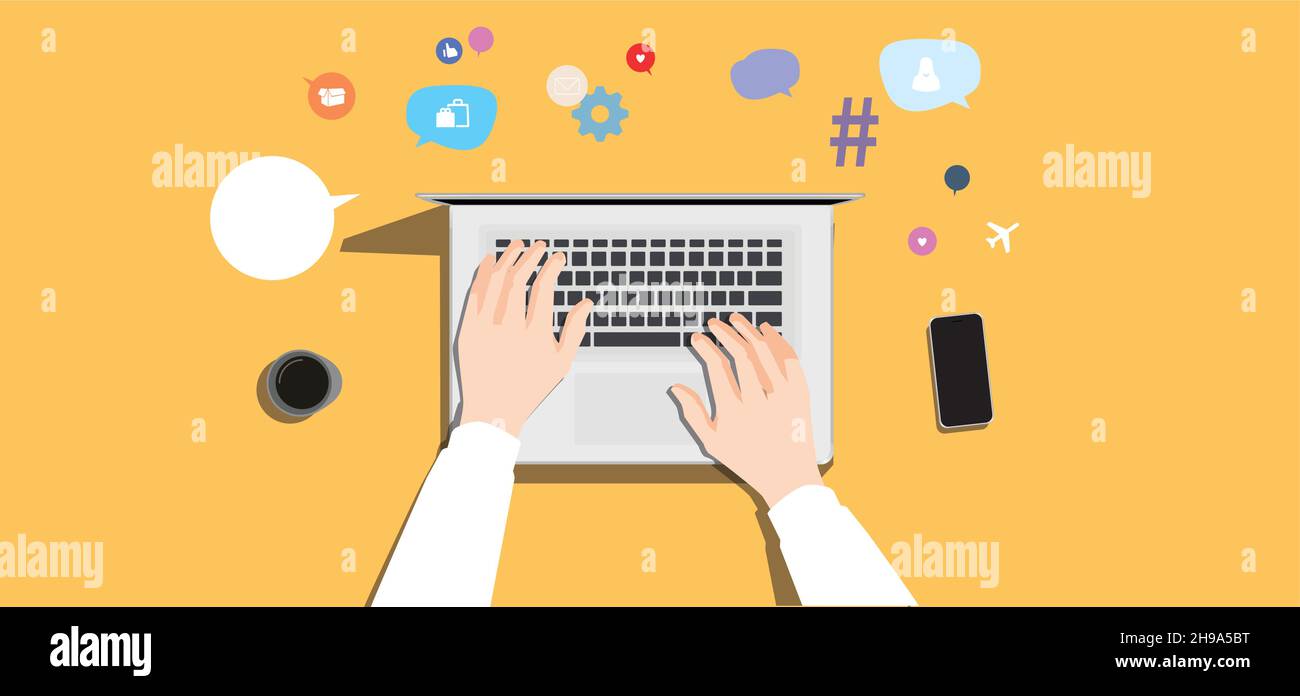 Illustrazione dello spazio di lavoro sulla scrivania. Vista dall'alto sul tavolo. Illustrazione Vettoriale