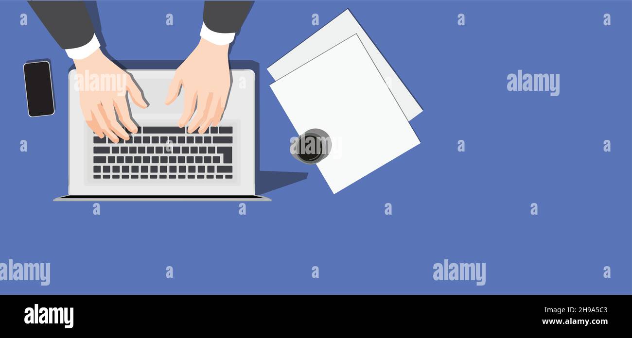 Illustrazione dello spazio di lavoro sulla scrivania. Vista dall'alto sul tavolo. Illustrazione Vettoriale