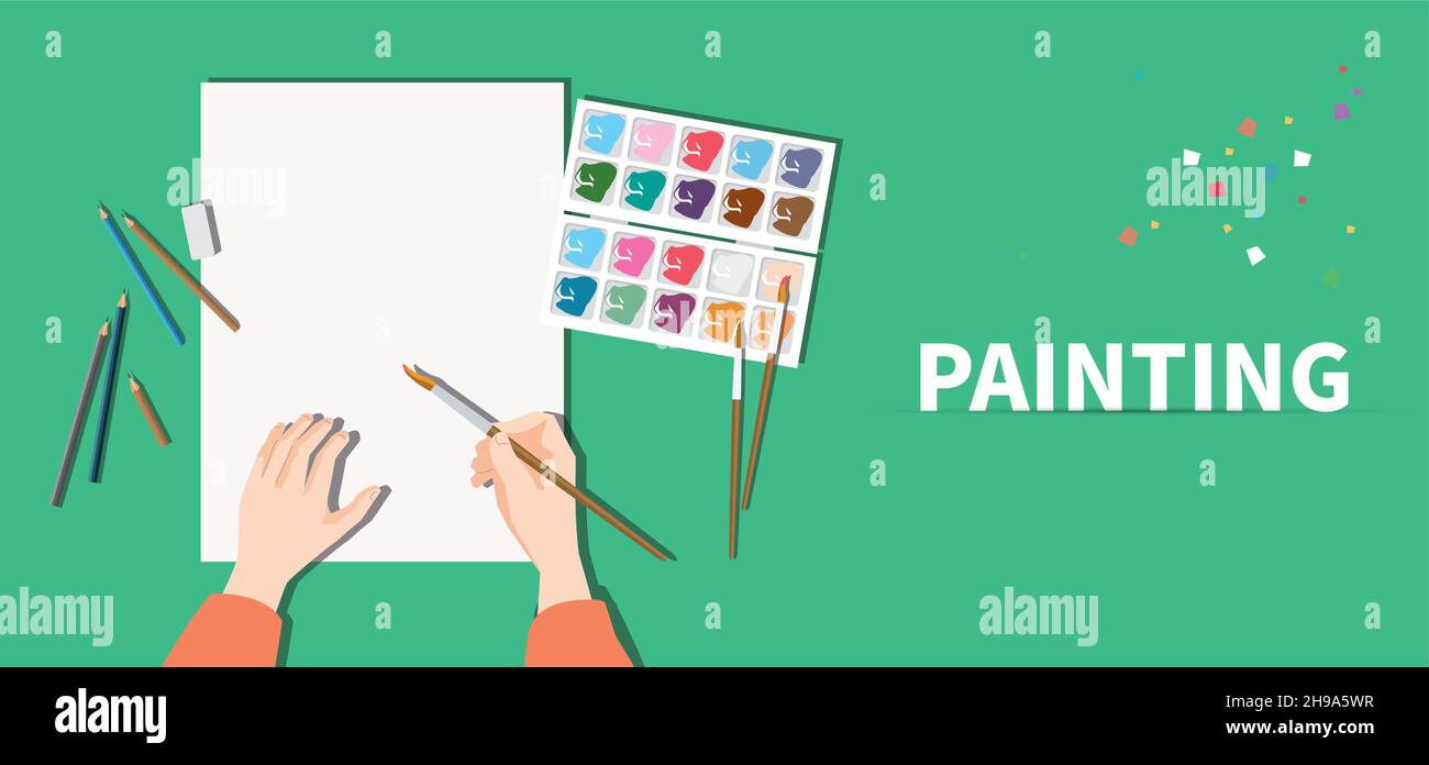 Illustrazione dello spazio di lavoro sulla scrivania. Vista dall'alto sul tavolo. Illustrazione Vettoriale