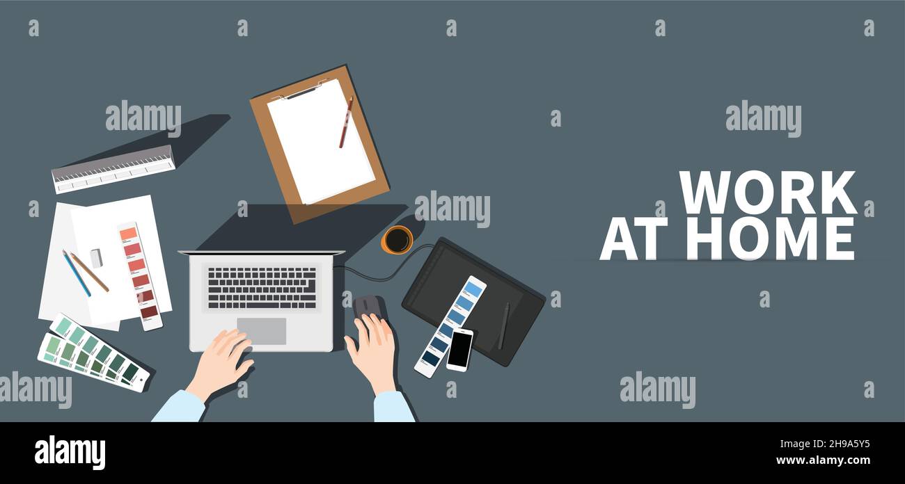 Illustrazione dello spazio di lavoro sulla scrivania. Vista dall'alto sul tavolo. Illustrazione Vettoriale