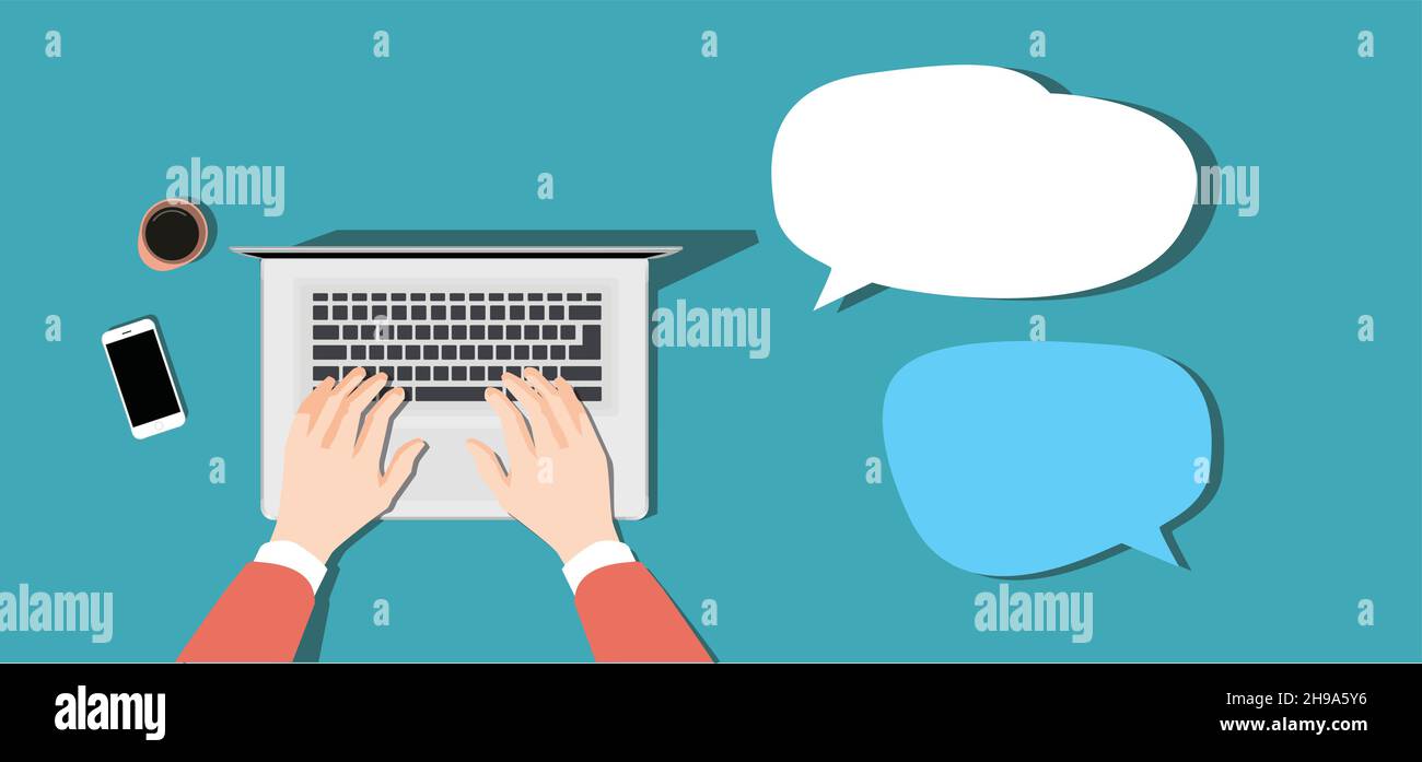 Illustrazione dello spazio di lavoro sulla scrivania. Vista dall'alto sul tavolo. Illustrazione Vettoriale