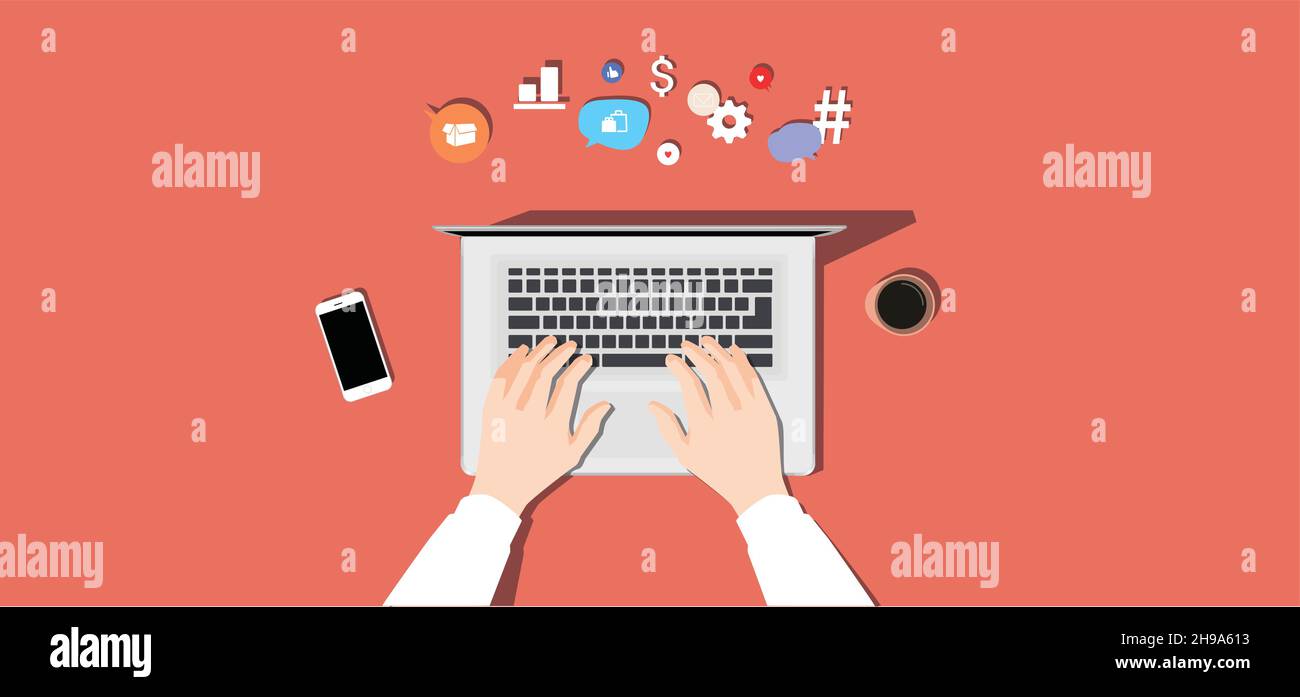 Illustrazione dello spazio di lavoro sulla scrivania. Vista dall'alto sul tavolo. Illustrazione Vettoriale