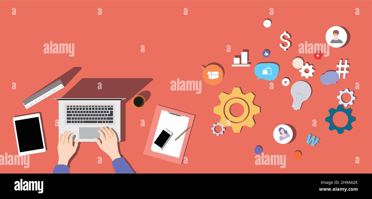 Illustrazione dello spazio di lavoro sulla scrivania. Vista dall'alto sul tavolo. Illustrazione Vettoriale