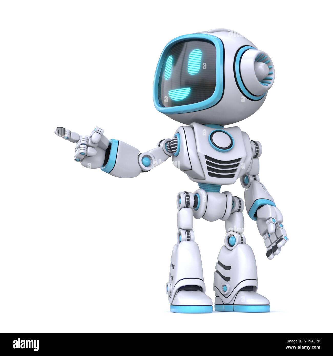 Simpatico robot blu dito che punta 3D illustrazione di rendering isolato su sfondo bianco Foto Stock