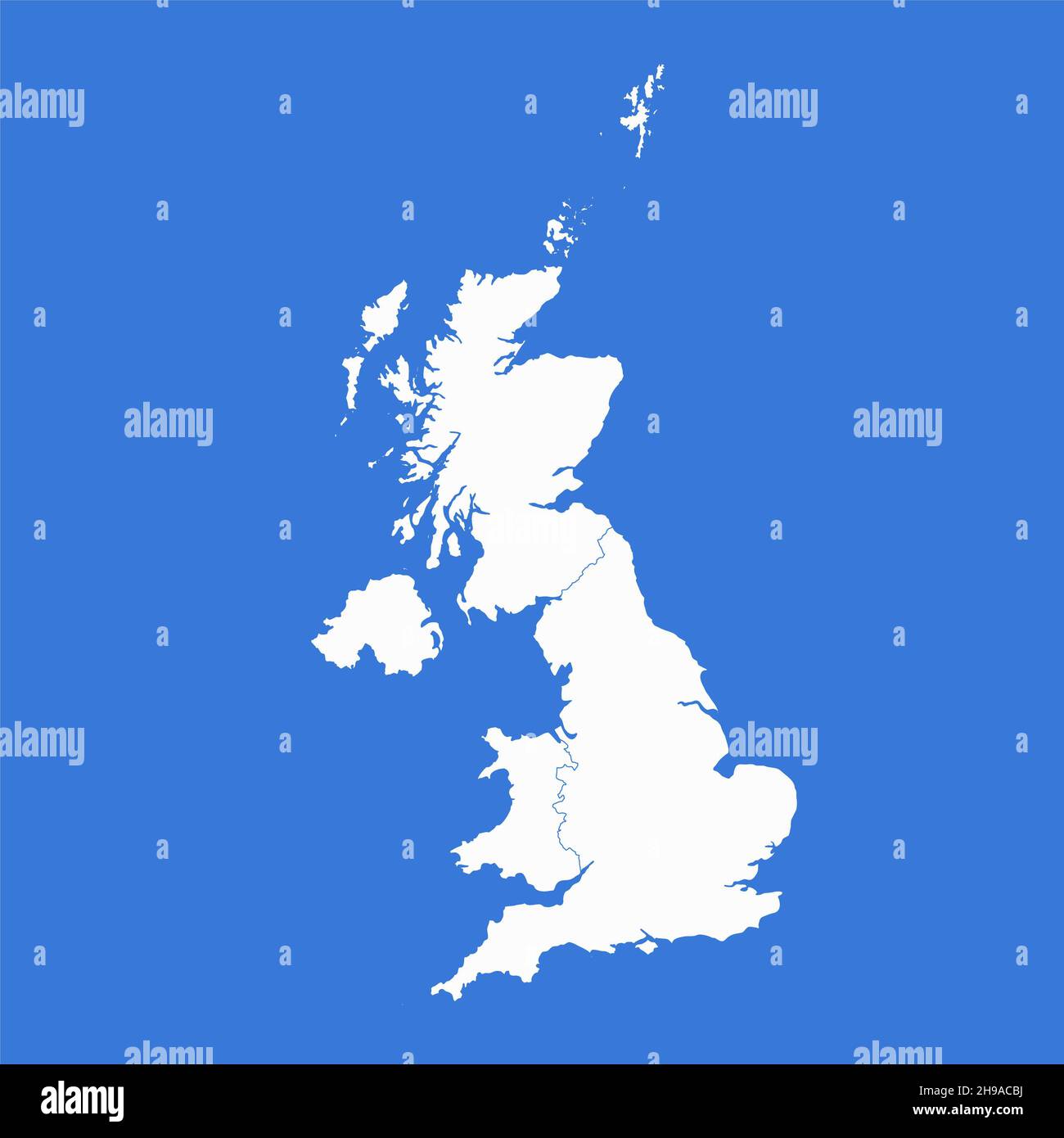 Mappa del Regno Unito, divisioni amministrative, sfondo blu, bianco Foto Stock