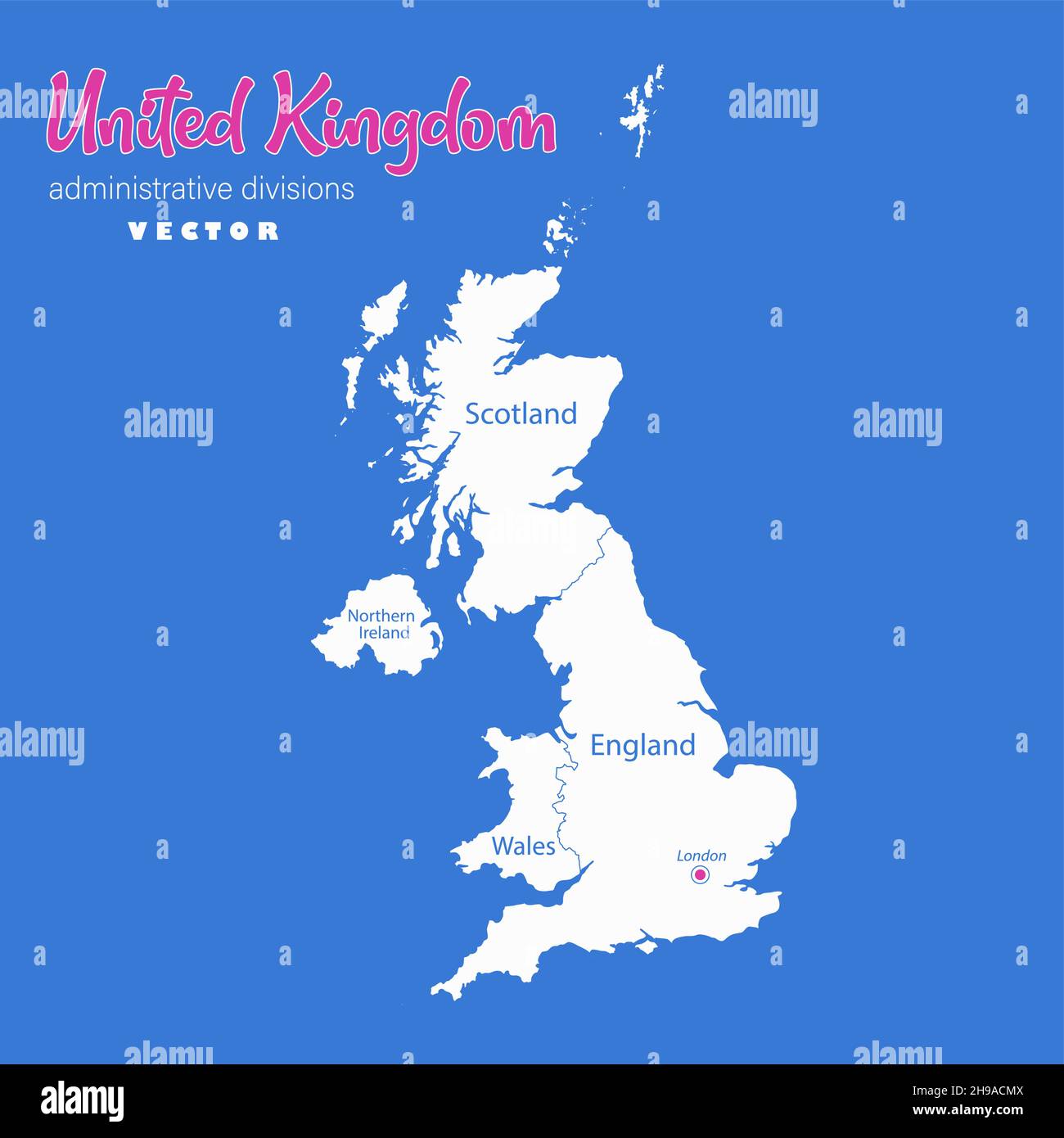 Mappa del Regno Unito, divisioni amministrative con nomi di regioni, vettore blu di sfondo Illustrazione Vettoriale
