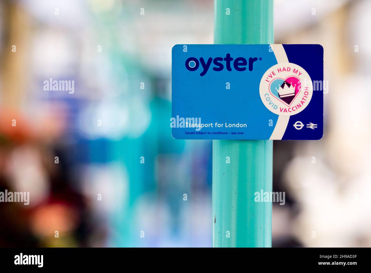 Adesivo "ho avuto la mia vaccinazione CVOID" sulla carta di prepagamento TFL Oyster London England UK Foto Stock