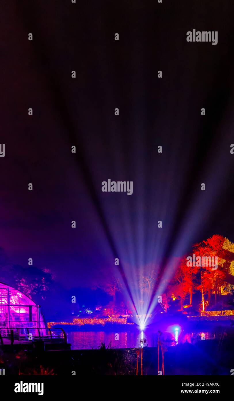 Il Glasshouse illuminato e si illumina sul lago durante Glow 2021, l'evento annuale di illuminazione natalizia al RHS Garden, Wisley, Woking, Surrey Foto Stock