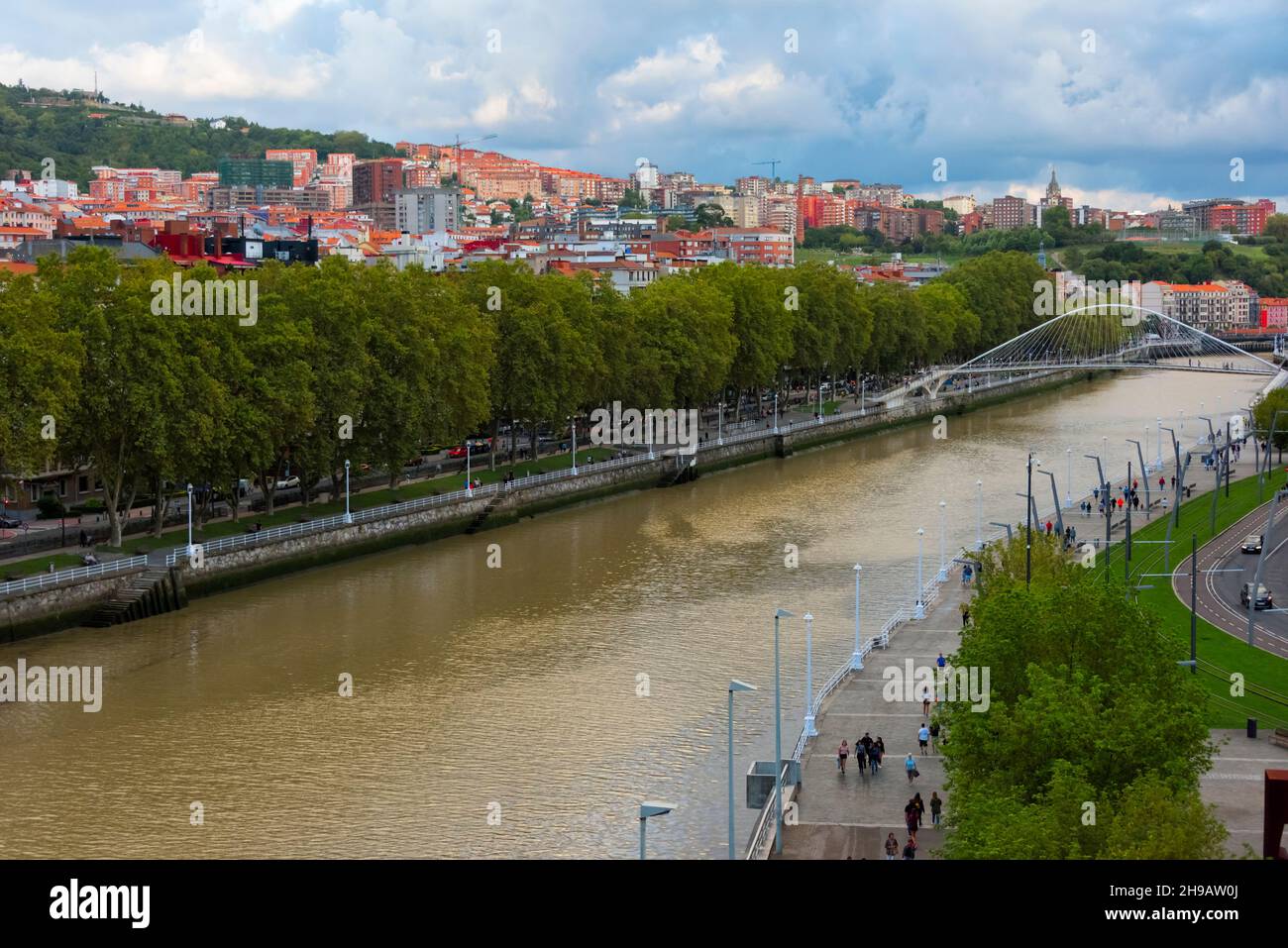 Ponte Zubizuri (Ponte di campo Vlantin o Puente del campo Vlantin, un ponte ad arco legato che attraversa il fiume Nervion progettato dall'architetto Santiago Cala Foto Stock