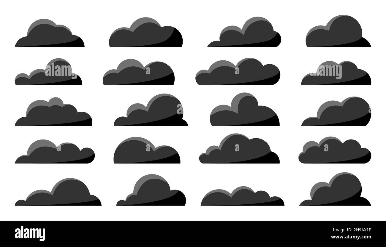 Set piatto nero nuvolato. Cartoon principalmente nuvoloso tempo simbolo gioco app widget web interfaccia. Fumo fuliggine inquinamento fumi gas di scarico elemento cielo sovrastato 2D. Elemento per la forma di libro di cartoline isolato su bianco Illustrazione Vettoriale