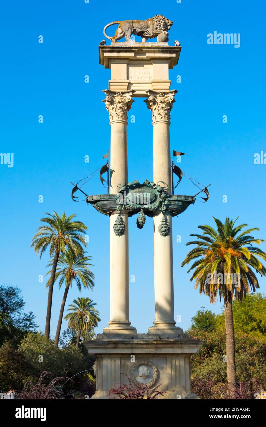 Monumento a Cristoforo Colombo nei Giardini di Murillo, Siviglia, Provincia di Siviglia, Comunità autonoma dell'Andalusia, Spagna Foto Stock