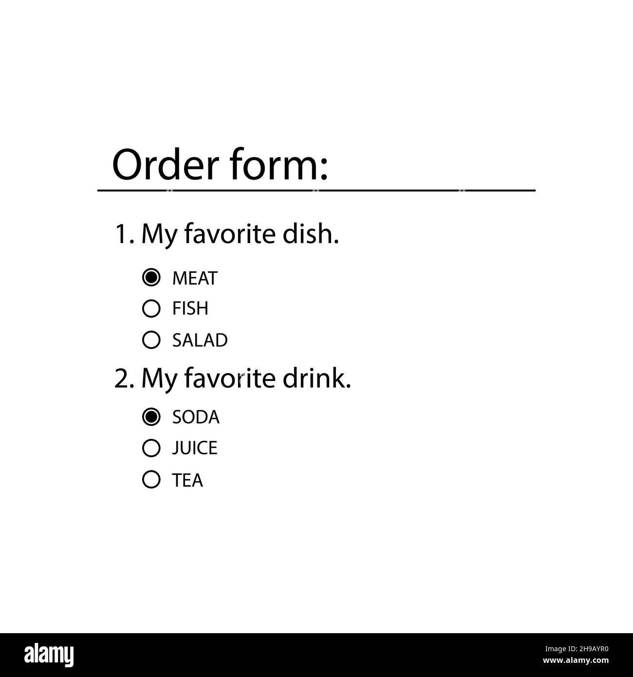 Modulo d'ordine online. Elenco radio è un elemento HTML del modello di sito Web. Interfaccia utente per il sito Web e l'applicazione. Illustrazione vettoriale. Illustrazione Vettoriale