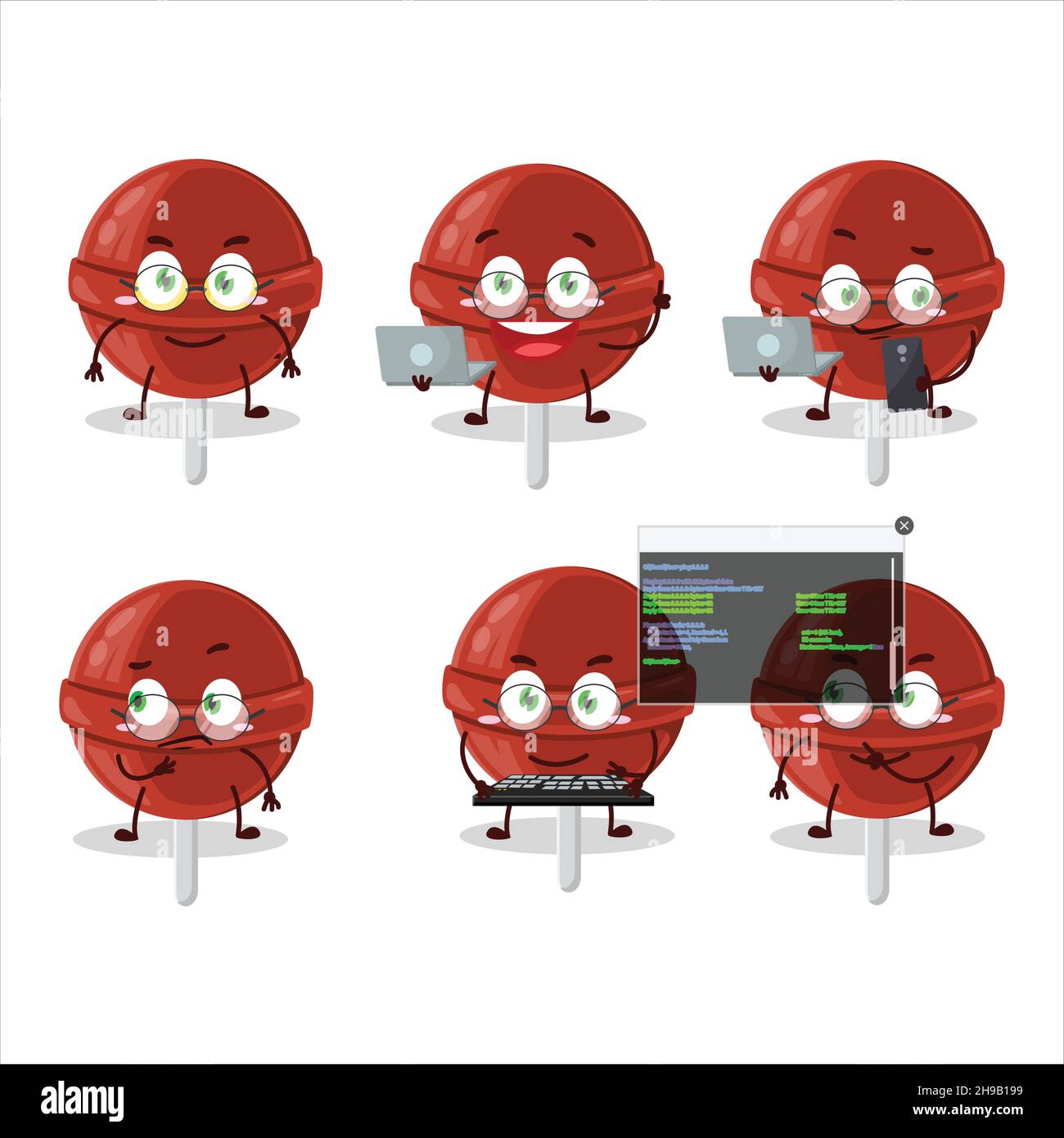 Dolce fragola lollipop Programmer simpatico personaggio cartoon con. Illustrazione vettoriale Illustrazione Vettoriale