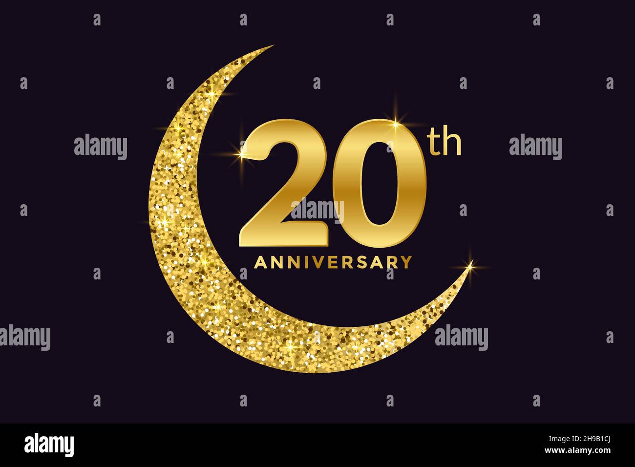 Twenty Years Anniversary Celebration Golden Emblem in Black background. Number 20 Luxury Style Banner isolato Vector. Illustrazione Vettoriale