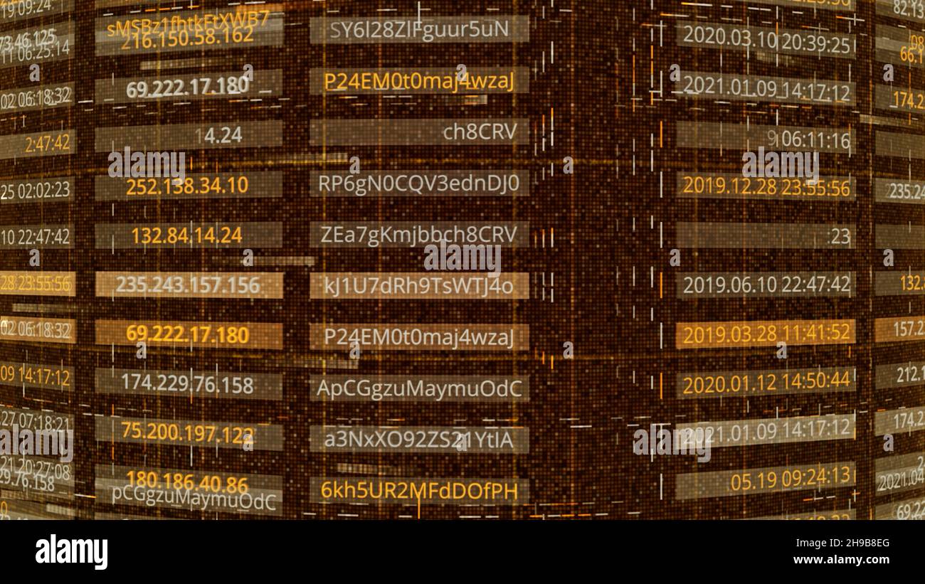 Hacking di password e indirizzi. Animazione. Le password e gli indirizzi sono pubblicamente disponibili dopo essere stati violati dagli hacker. Configurazioni password in t Foto Stock