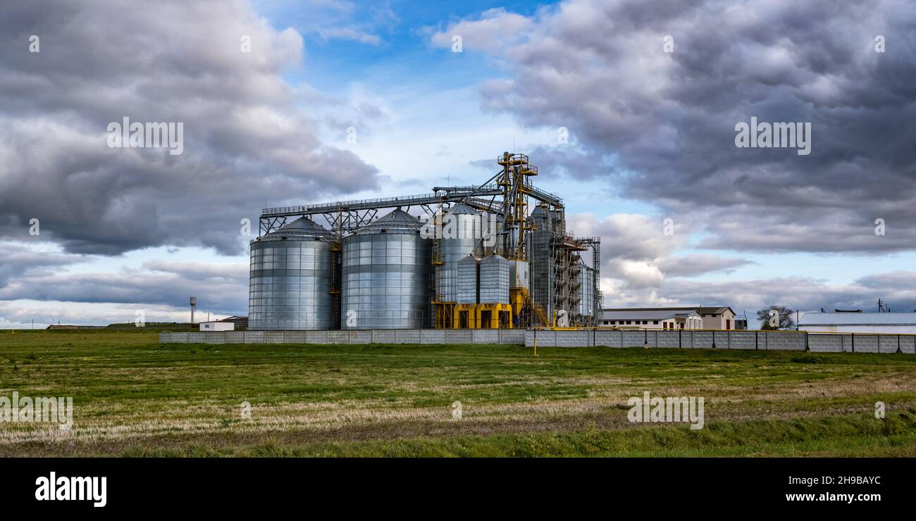 silos e moderno elevatore di granai e linea di pulitura di semi su impianti di agrolavorazione e produzione per stoccaggio e lavorazione pulitura di agri Foto Stock