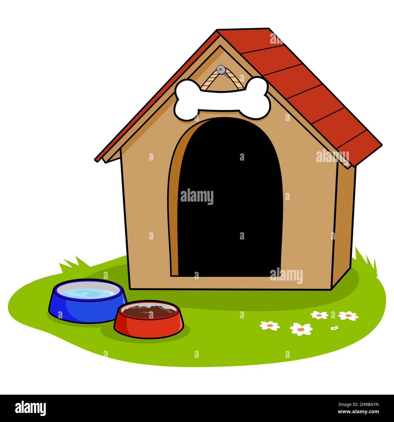 Cuccia e ciotole di acqua e cibo per cani. Casa per cani in legno nel giardino all'aperto. Casa per cuccioli. Foto Stock