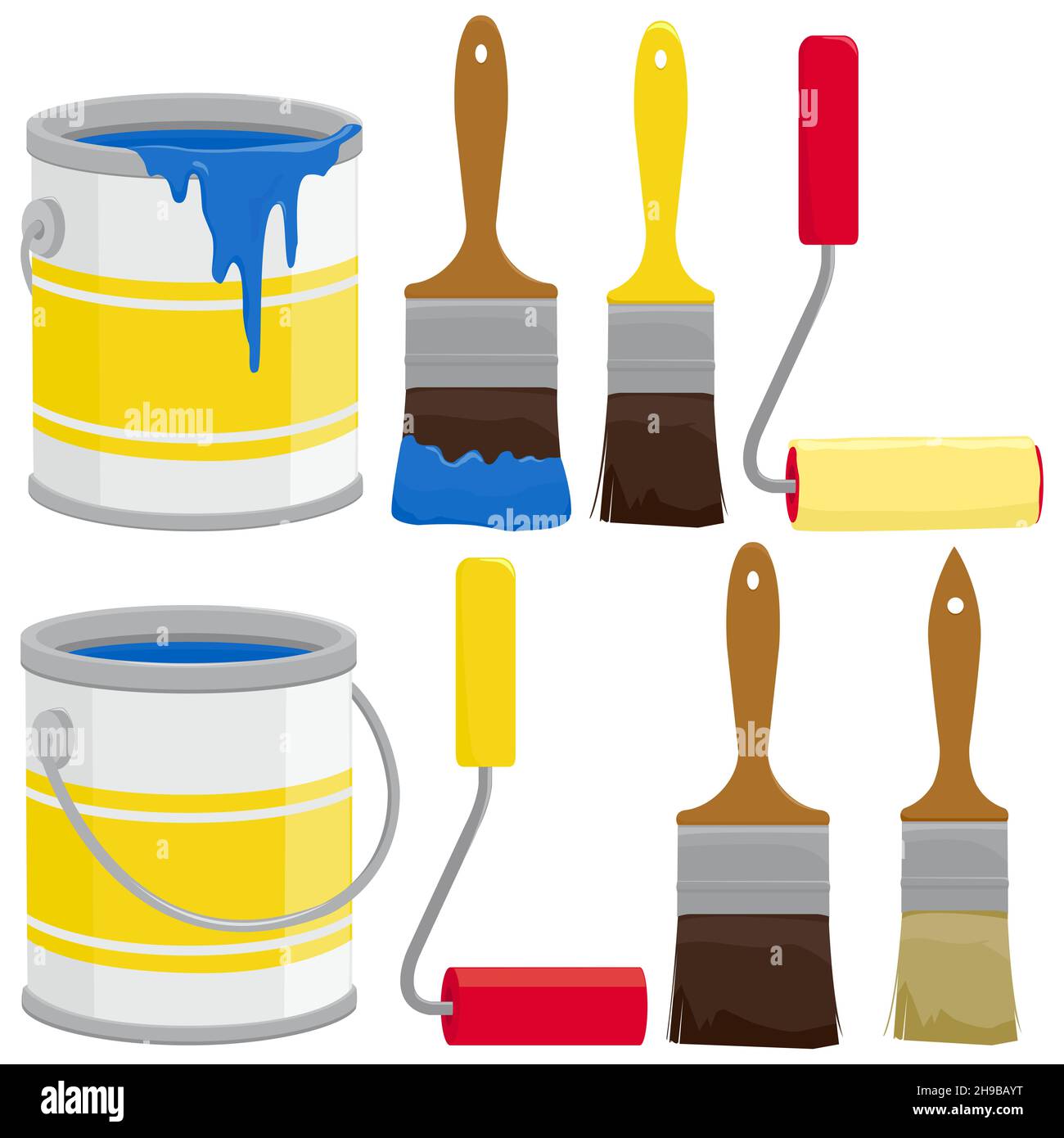 Forniture di vernici, lattine, spazzole, secchi e rulli. Lattine di vernice, spazzole e rulli di vernice per la pittura di pareti, progetti di ristrutturazione di abitazioni e decorazioni. Foto Stock