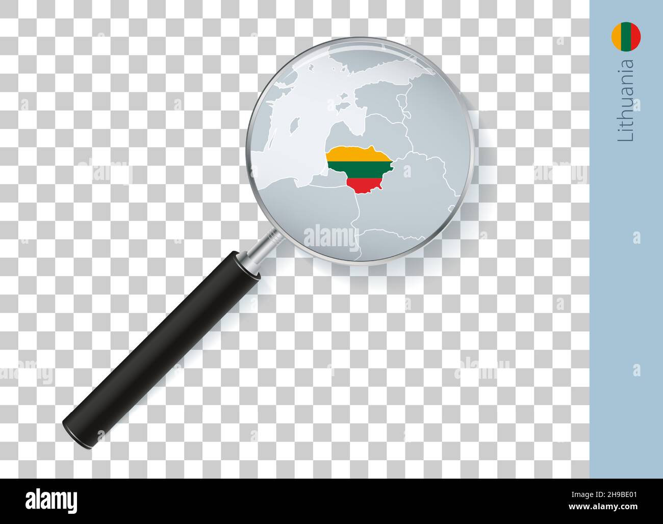 Mappa lituana con bandiera in lente di ingrandimento su sfondo trasparente. Lope vettoriale con mappa. Illustrazione Vettoriale