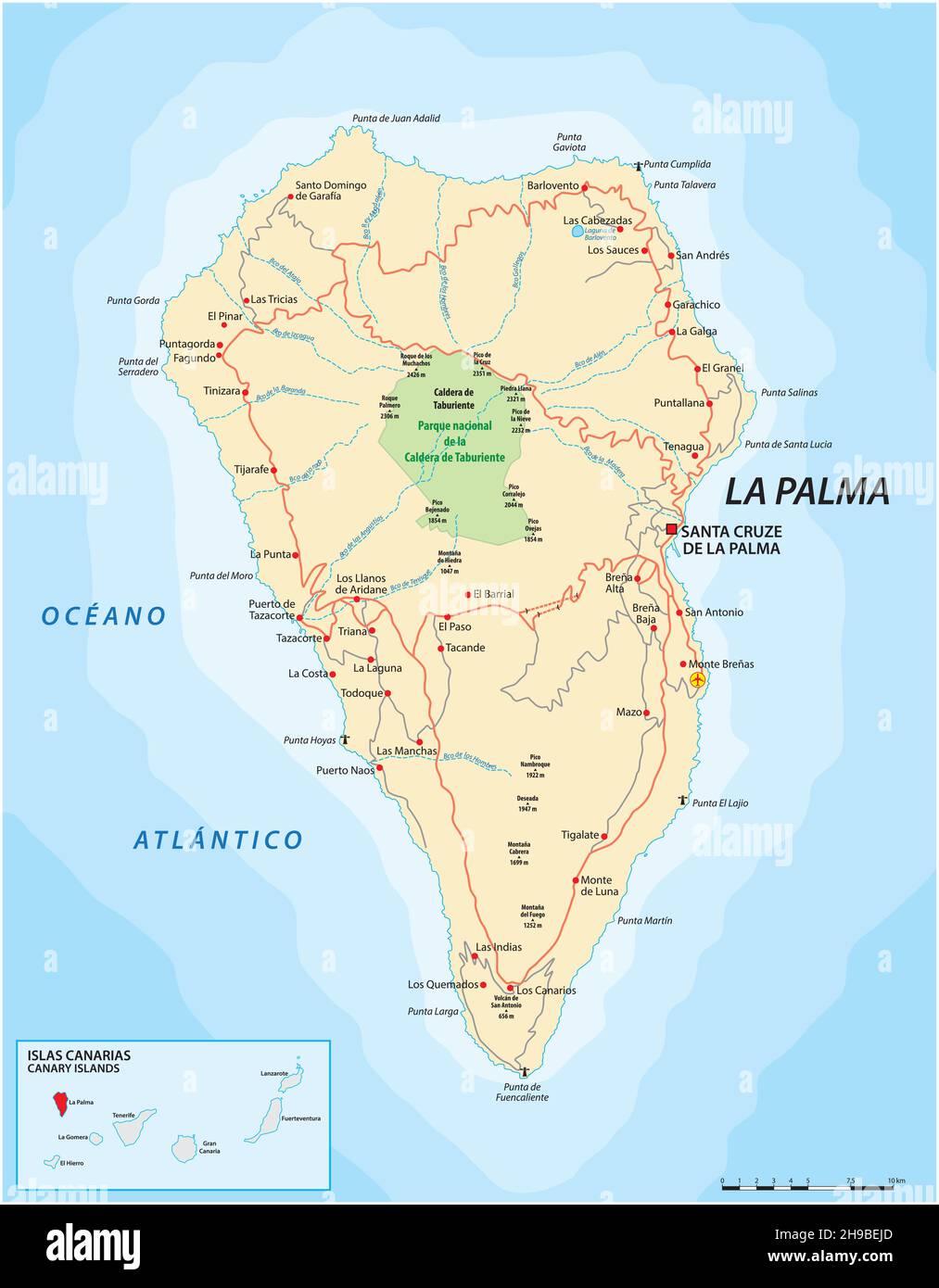 Mappa stradale vettoriale dell'isola delle Canarie la Palma Illustrazione Vettoriale
