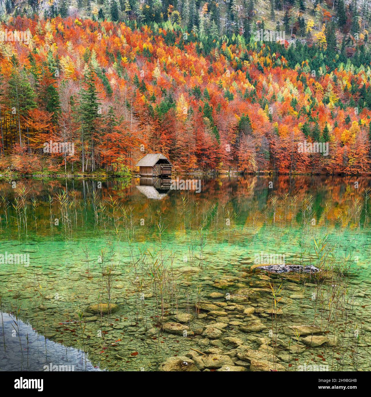 Drammatica scena autunnale del lago Hinterer Langbathsee. Poppular travell destinazione. Ubicazione: Vorderer Langbathsee, regione Salzkammergut, Austria superiore, Foto Stock
