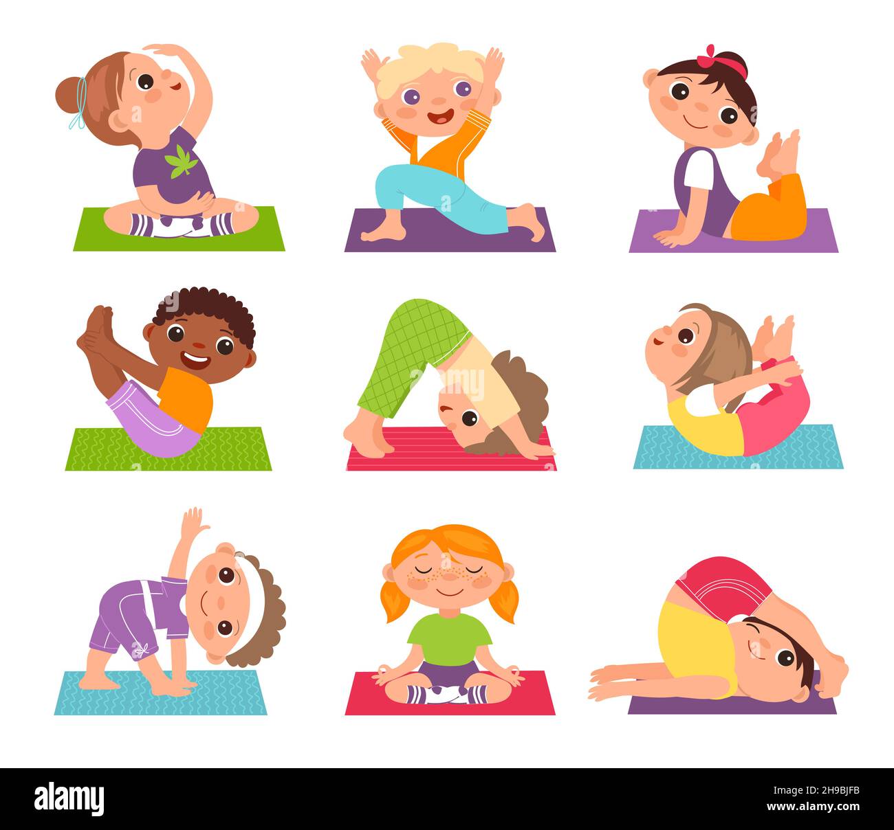 Yoga bambini. Ragazzi e ragazze divertenti in diverse pose, ragazzi sportivi, allenamento e stretching, stile di vita sano, armonia stile di vita sano, vettore Illustrazione Vettoriale