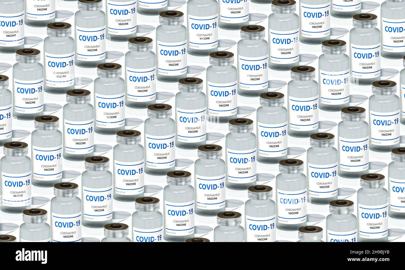 fondo con flaconcini di vaccino per covid-19. rendering 3d Foto Stock