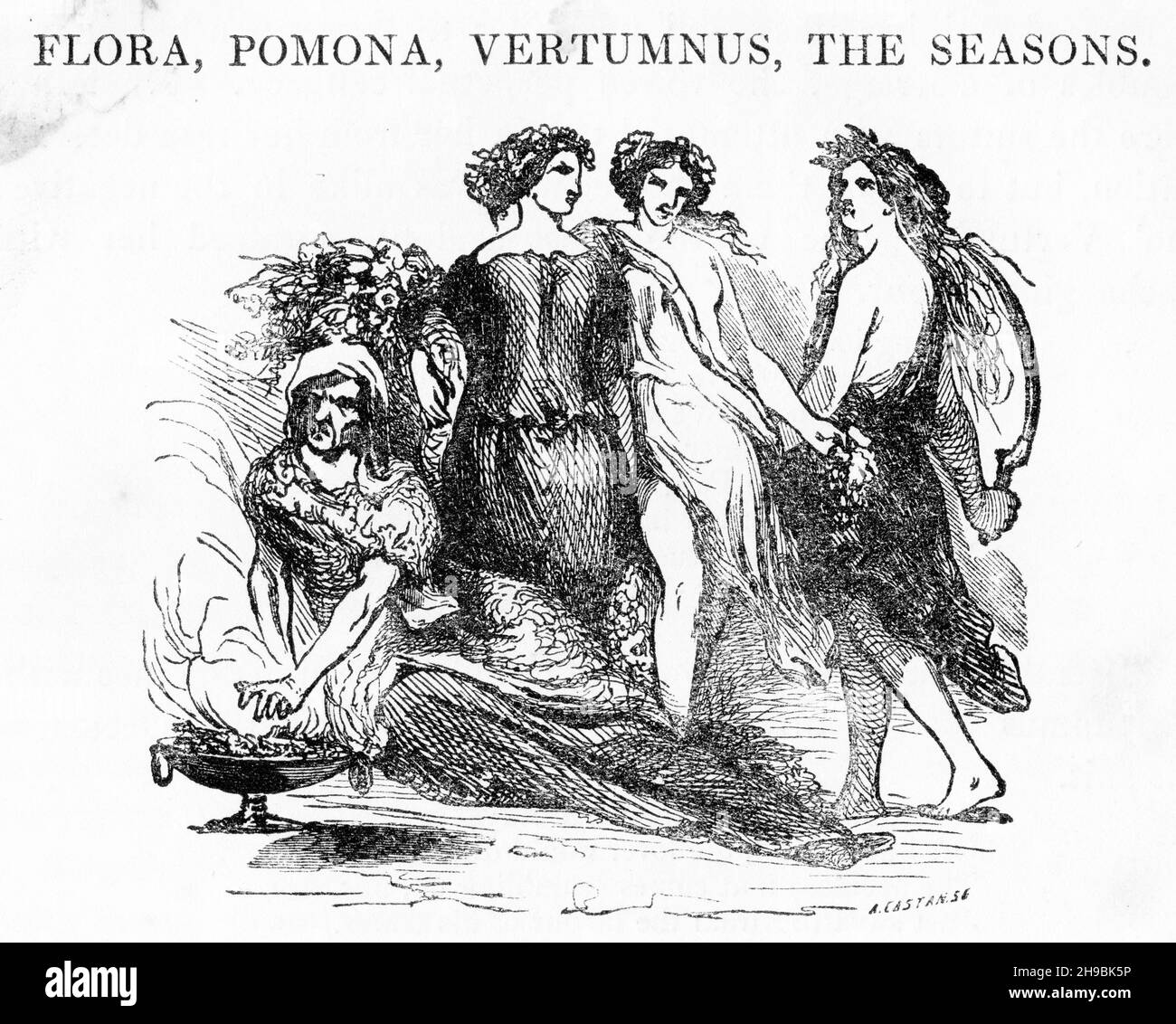 Incisione di Flora, Pomona, Vertumnus.. Da un libro del 19 ° secolo sulla mitologia heathen. Foto Stock