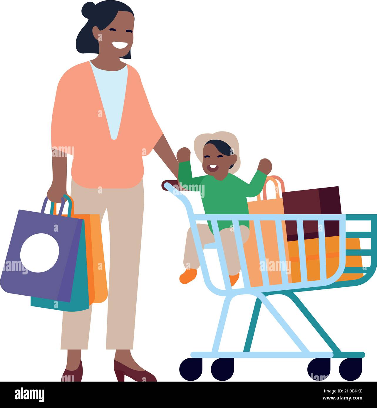 Donna che tiene sacchetti di carta e carrello di shopping con il bambino. Buona famiglia in negozio Illustrazione Vettoriale
