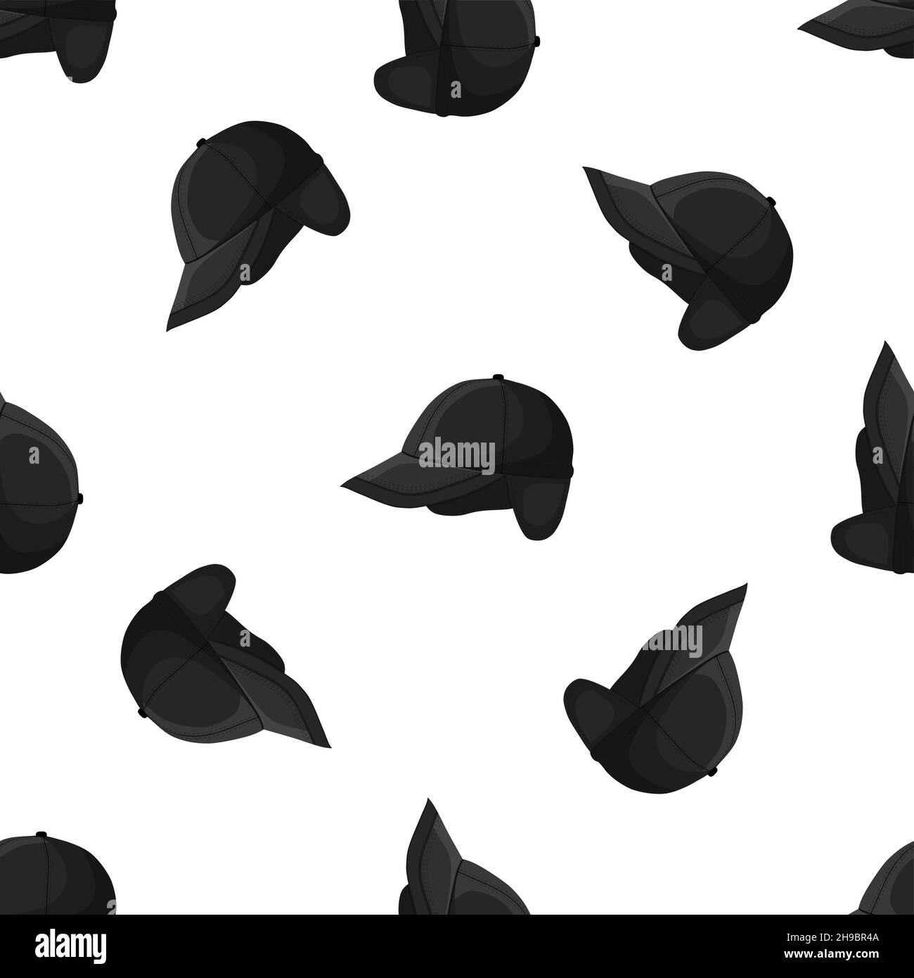 Illustrazione sui cappelli a tema di baseball, bei cappelli su sfondo bianco. Modello di berretti composto da cappelli da baseball da collezione da indossare. Patt Illustrazione Vettoriale