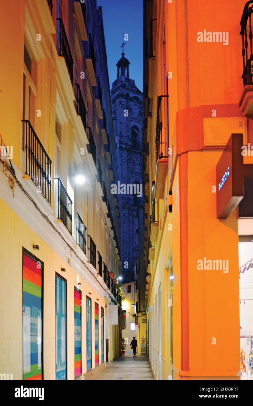 Stretta strada laterale nella città vecchia di Malaga, vista notturna Foto Stock