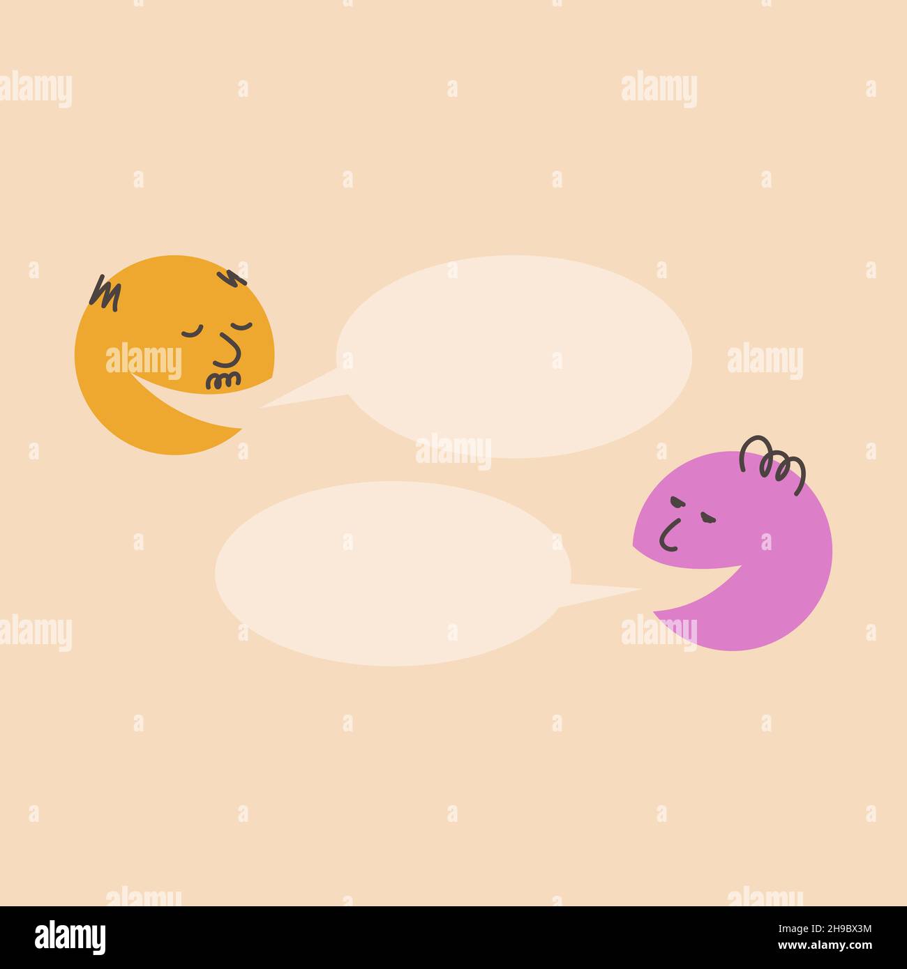 Modello di finestra di dialogo. La gente parla, argomentare. Un uomo anziano con testa calva e baffi chiede e il suo interlocutore risponderà, bolle di discorso. Colorato Illustrazione Vettoriale