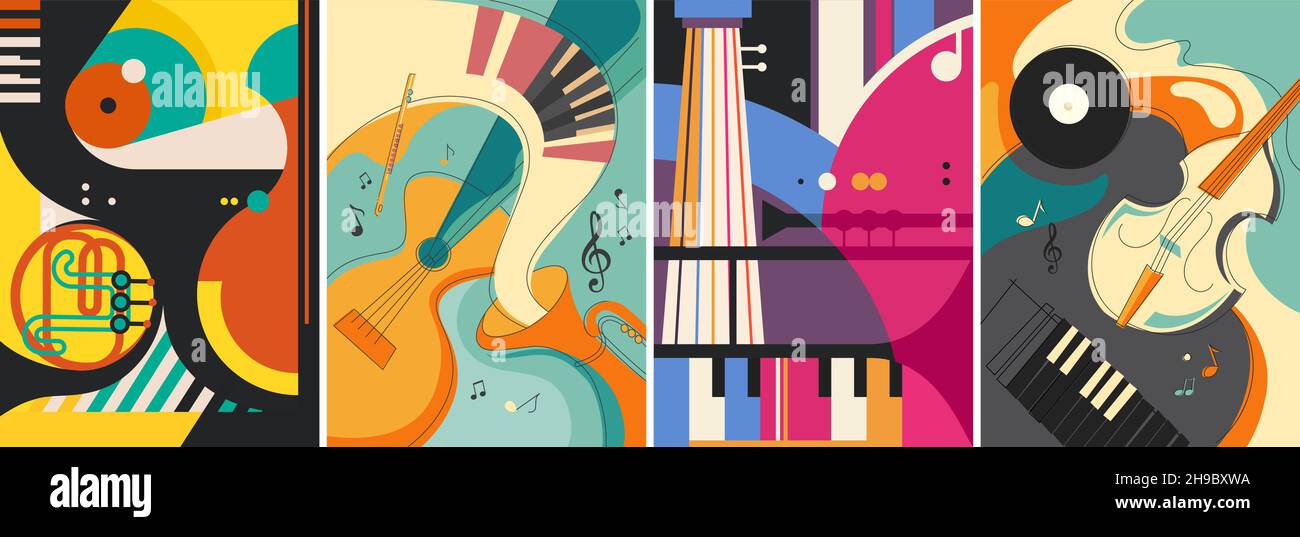 Set di poster di musica classica. Design di placche in stili diversi. Illustrazione Vettoriale