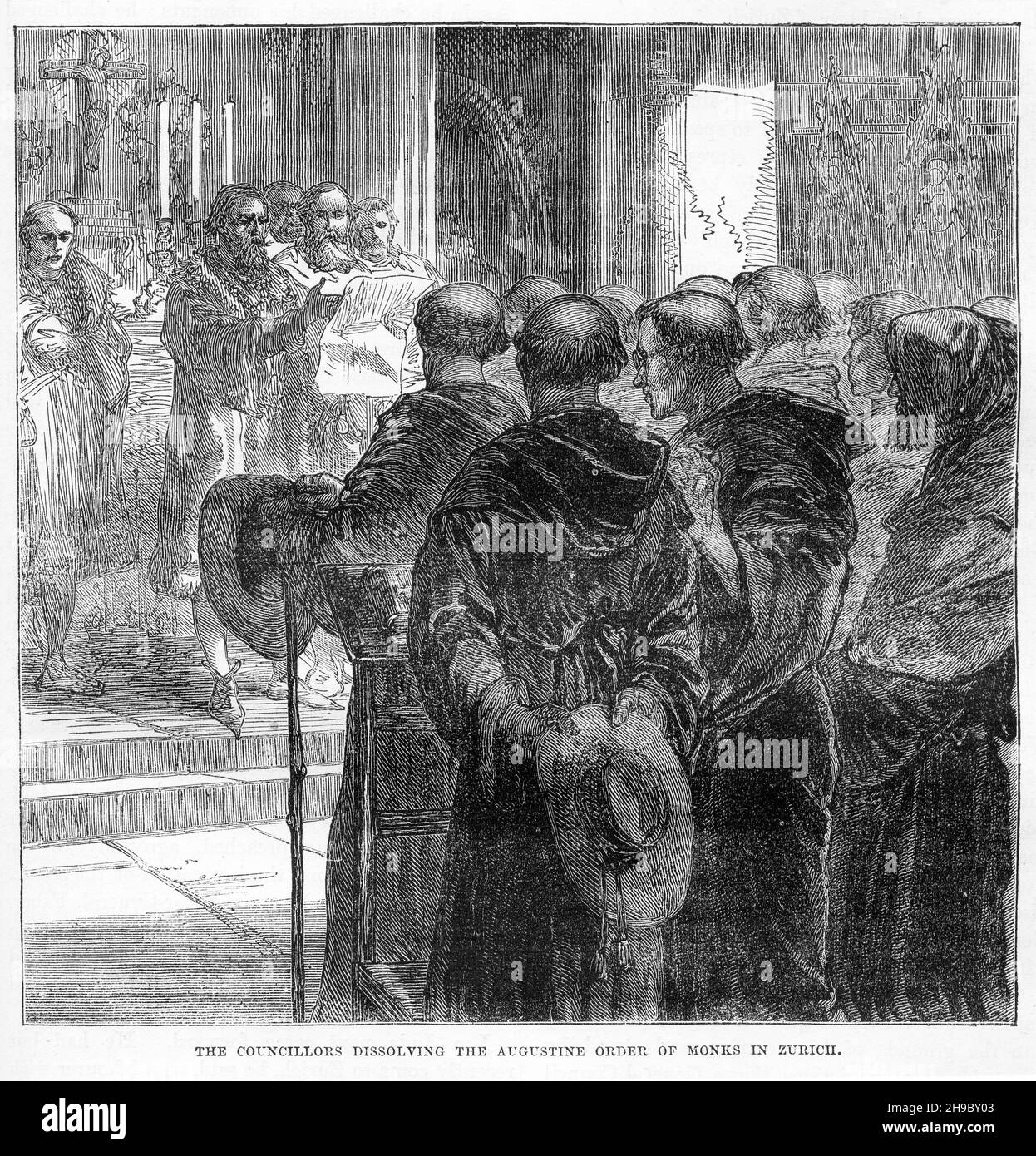 Incisione dei consiglieri che sciolgono l'Ordine Agostino della Chiesa Cattolica di Zurigo, una pietra miliare nella diffusione della riforma nel corso del Cinquecento. Foto Stock
