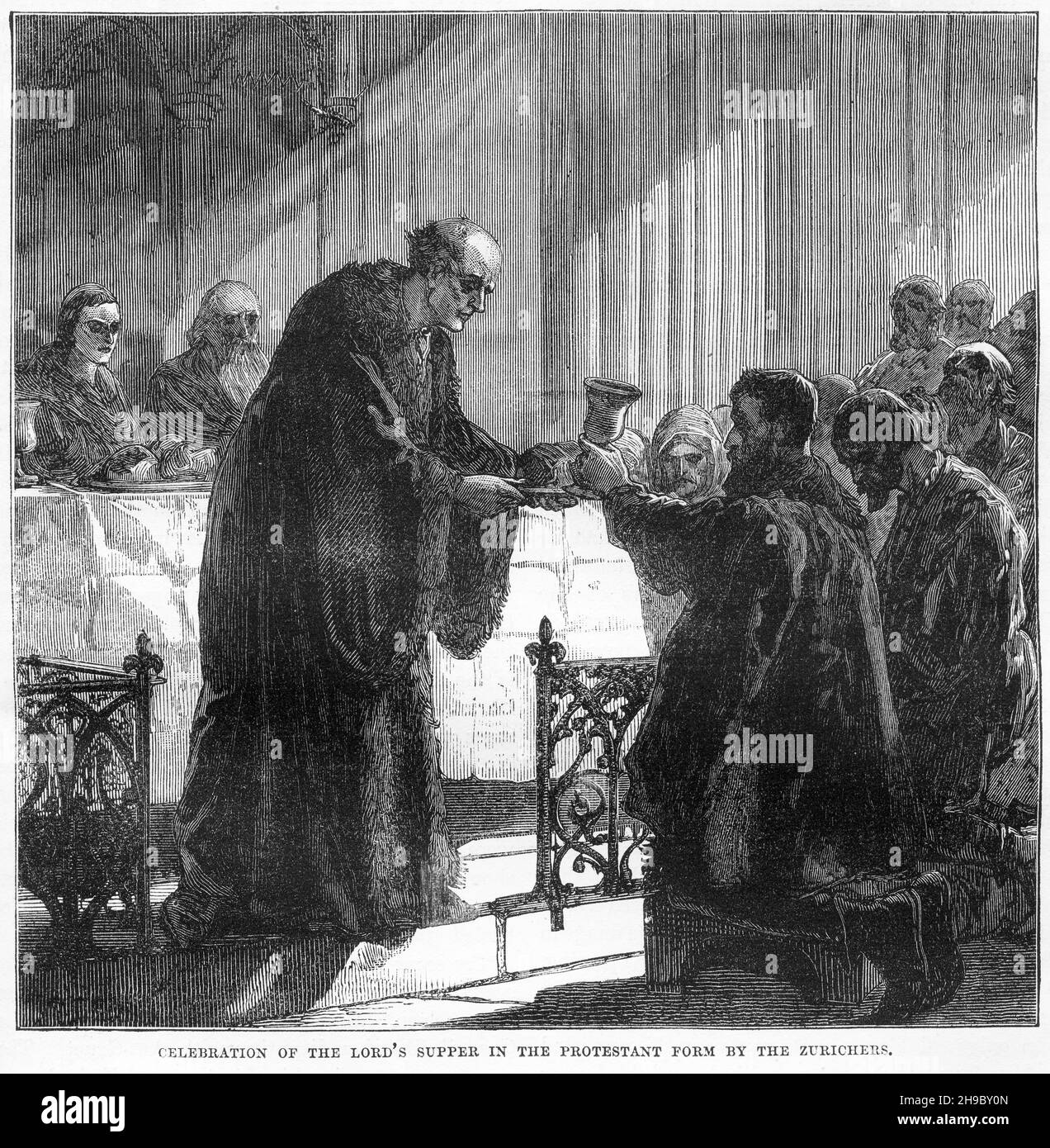 Incisione di credenti protestanti che celebrano la cena del signore a Zurigo, in Svizzera, durante la riforma Foto Stock