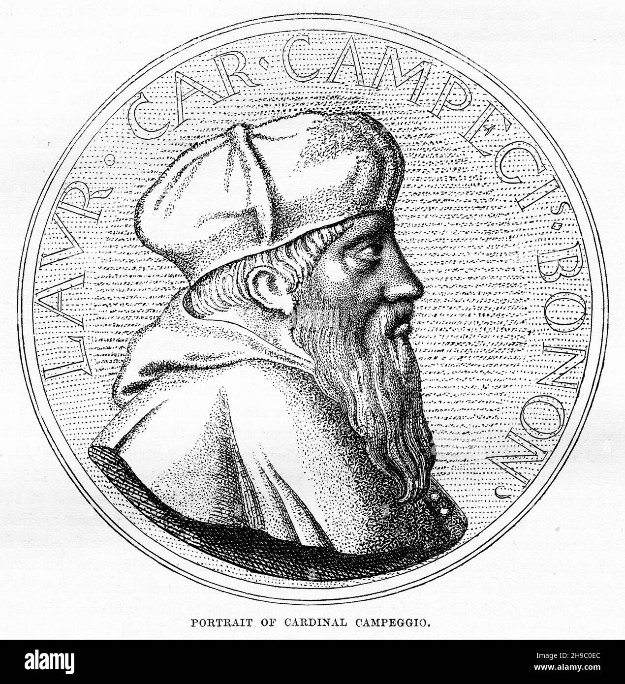 Incisione del Cardinale Campeggio (7 novembre 1474 – 19 luglio 1539) cardinale e politico italiano. Fu l'ultimo cardinale protettore d'Inghilterra. Foto Stock