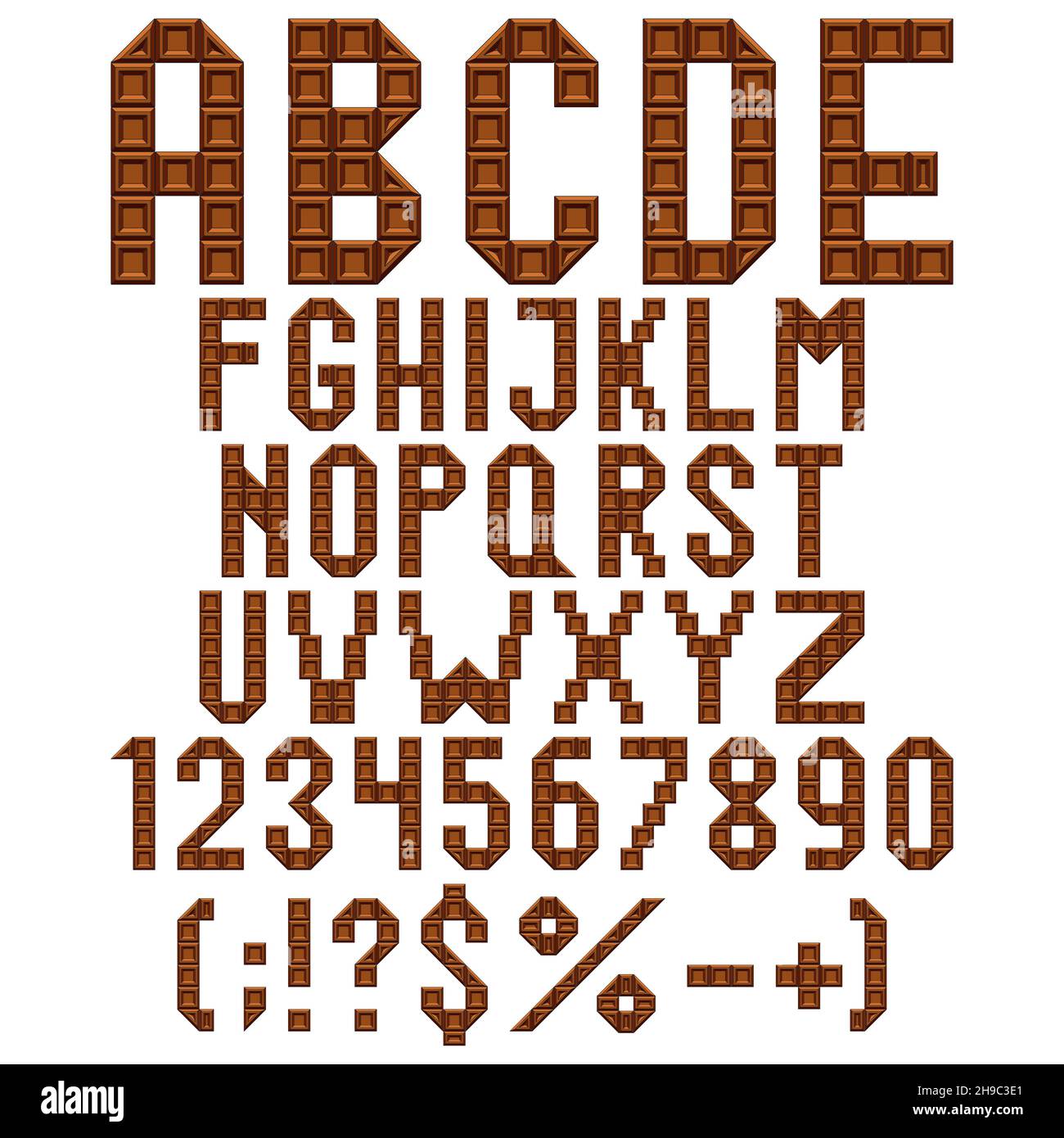 Alfabeto, lettere, numeri e segni di cioccolato. Set di oggetti vettoriali isolati su sfondo bianco. Illustrazione Vettoriale
