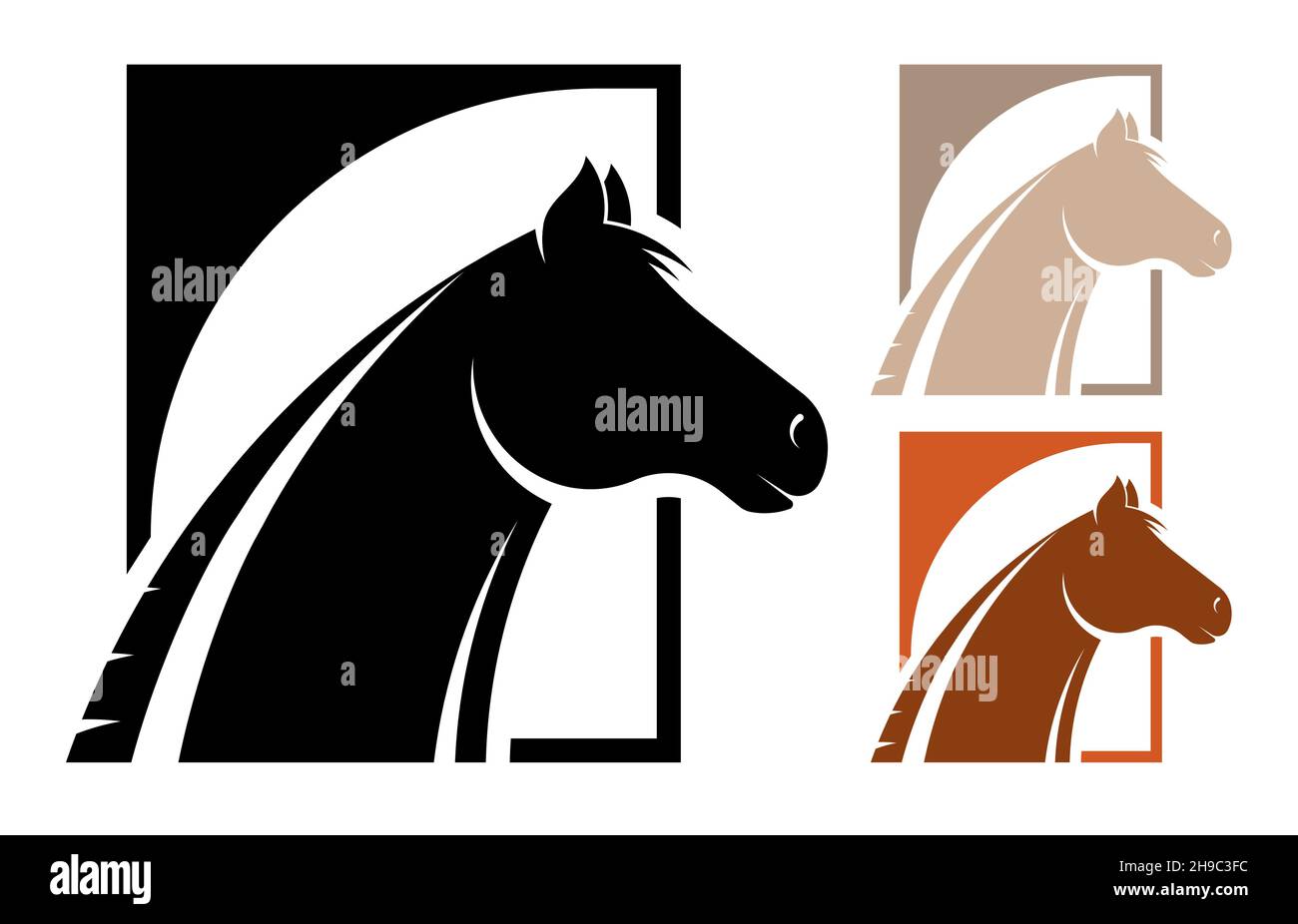 Silhouette di testa di cavallo. Emblema del centro equestre per l'allevamento di cavalli. Semplice vettore bianco e nero isolato su sfondo bianco Illustrazione Vettoriale
