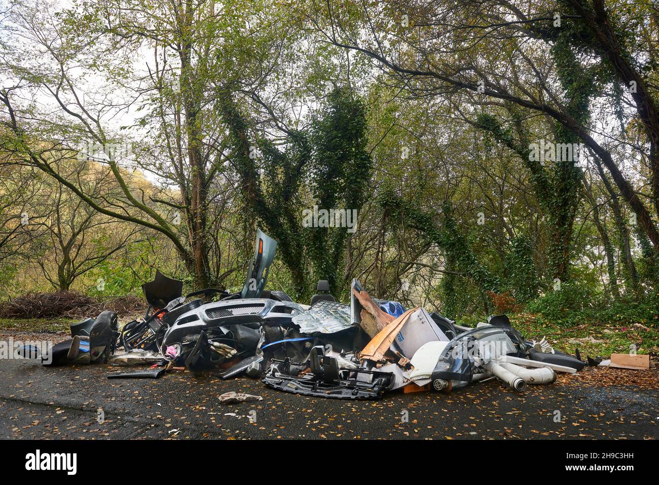Buca dei rifiuti sulla strada rurale vicino alla zona naturale, Artxanda, Bilbao, Paesi Baschi, Euskadi, Euskal Herria, Spagna, Europa Foto Stock