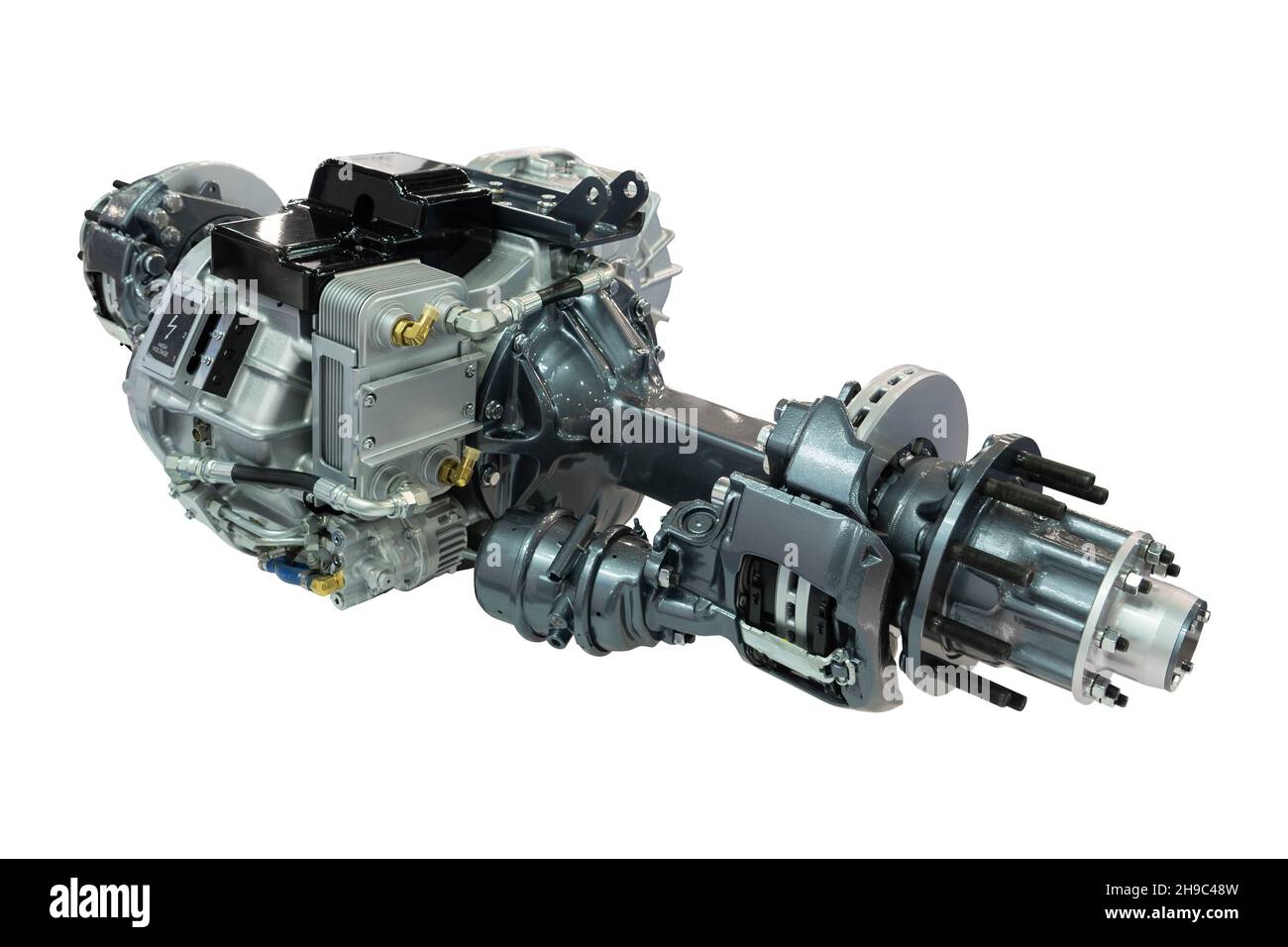 Assale con motore elettrico e trasmissione per un bus elettrico o un carrello. Isolato su sfondo bianco Foto Stock