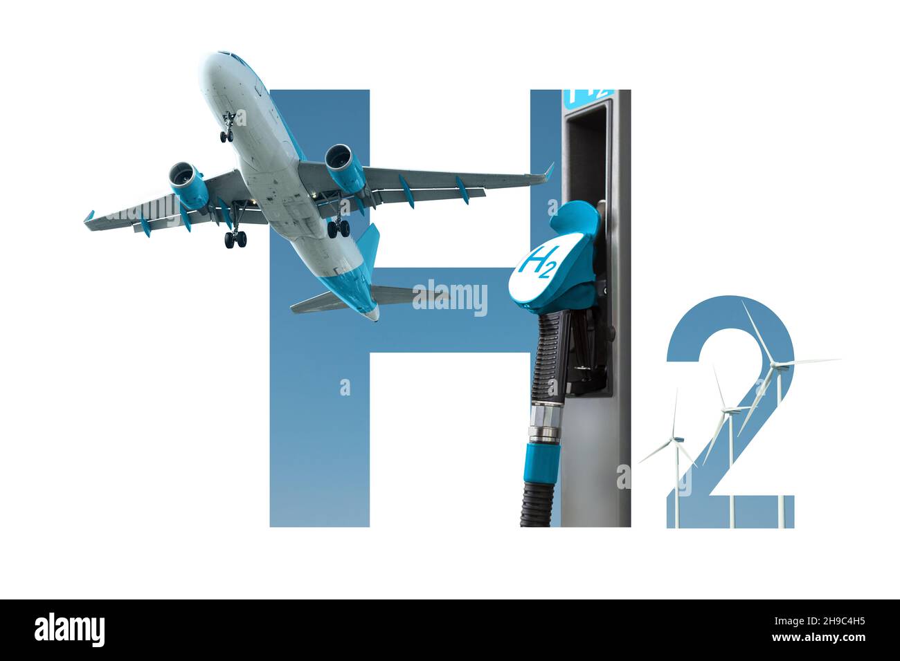 Collage di simbolo H2, aeroplano, stazione di rifornimento di idrogeno e turbine eoliche. Concetto di mobilità pulita Foto Stock