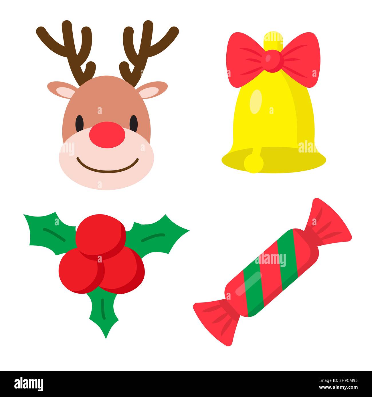 Set di elementi per le vacanze invernali. Buon Natale e Felice festa di Capodanno. Renna, campana di jingle, bacche di agrifoglio e caramelle. Illustrazione vettoriale nella Illustrazione Vettoriale